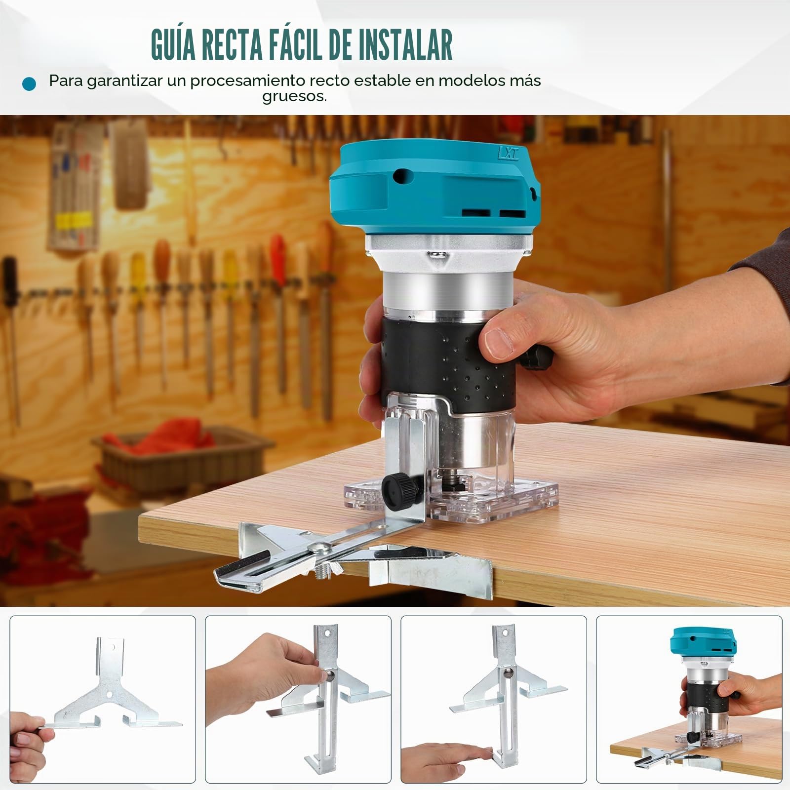 Fresadora Inalámbrica 1300W para Makita 18V (sin Batería) | Recortadora de Madera sin Escobillas, 6 Velocidades, Guía Recta, Rueda Guía, Fresa y 2 Llaves