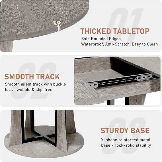 AwayHome 43.3''-59'' Extendable Round Dining Table for 4-8, Modern Kitchen Expandable Dining Table with Storage, Space Saving Circle Oval Kitchen Table with Leaf for Dining Room Living Room