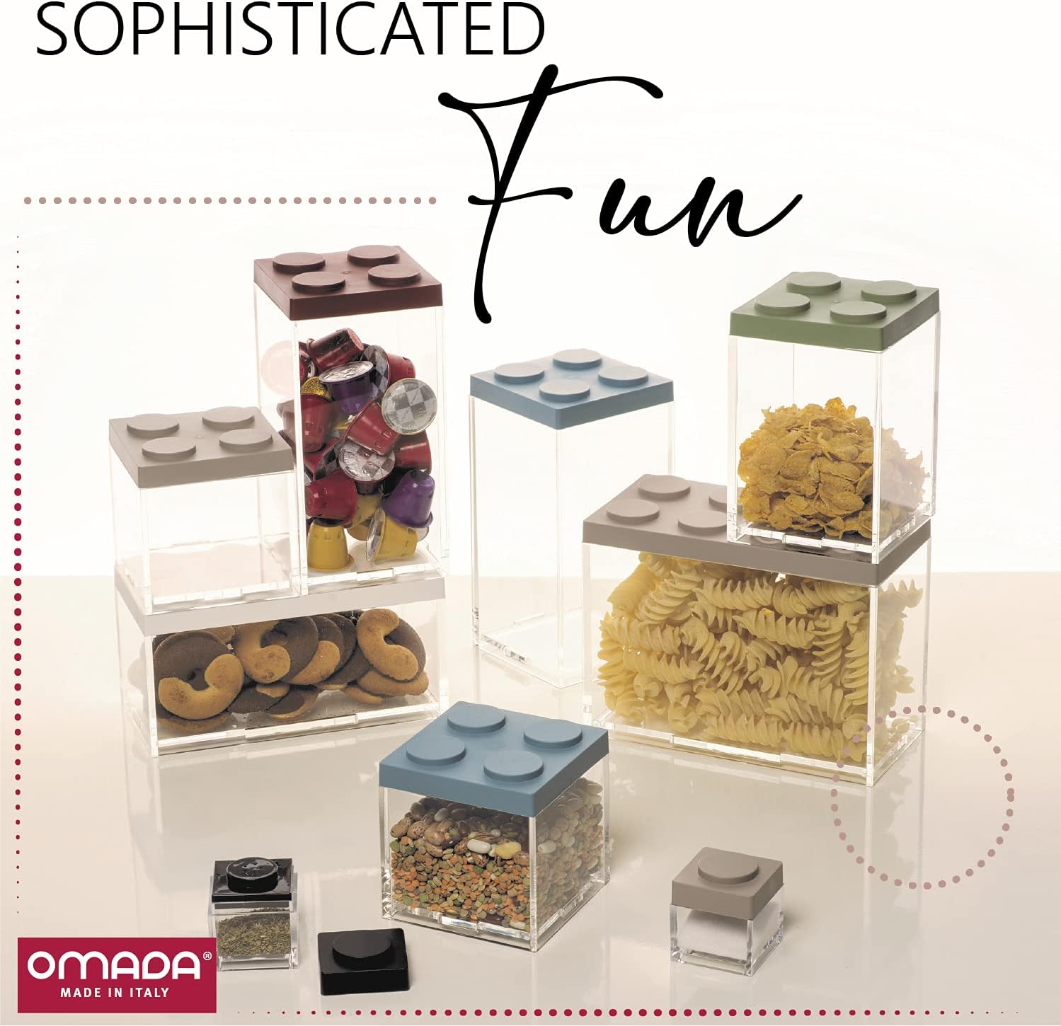 Omada Acrylic Storage Container Set: Durable Brick Storage Canisters – Thick Acrylic Jars for Food, Craft Supplies, Cosmetics – 2 Pc Stackable Container Set – Airtight and Dishwasher Safe – Gray Lids