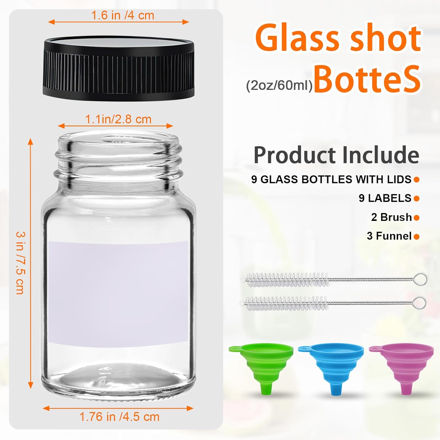 9 Pack Glass Bottles with Lids - 2 oz Wide Mouth Leakproof Reusable Juice Travel Bottles with Labels for Ginger Shot, Turmeric Juice, Whiskey & Camping - Image 2