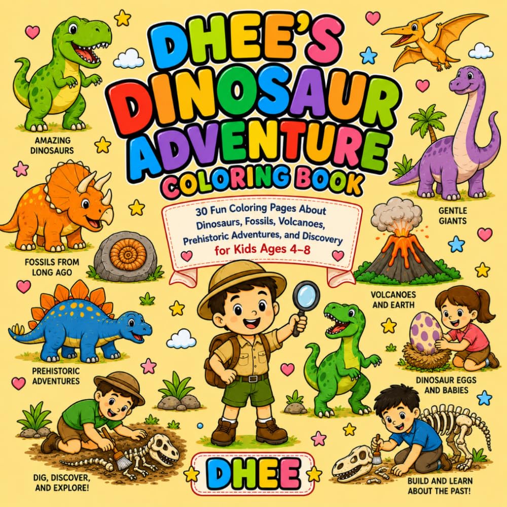Dhee's Dinosaur Adventure Coloring Book: 30 Fun Coloring Pages About Dinosaurs, Fossils, Volcanoes, Prehistoric Adventures, and Discovery for Kids Ages 4–8 (Dhee's Learning Adventures)