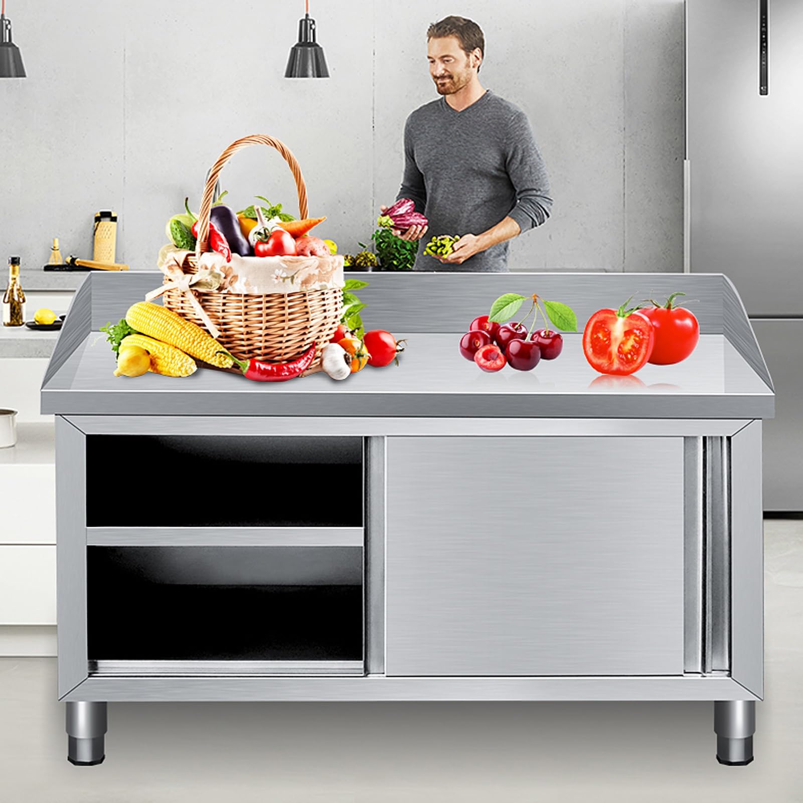 Edelstahl Arbeitstisch Küche, Hochleistungs-Vorbereitungstisch mit Schiebetüren und Spritzschutz, Multifunktionaler Vorbereitungstisch, Schneidetisch mit Lagerschrank, for Restaurants(80x60x80c