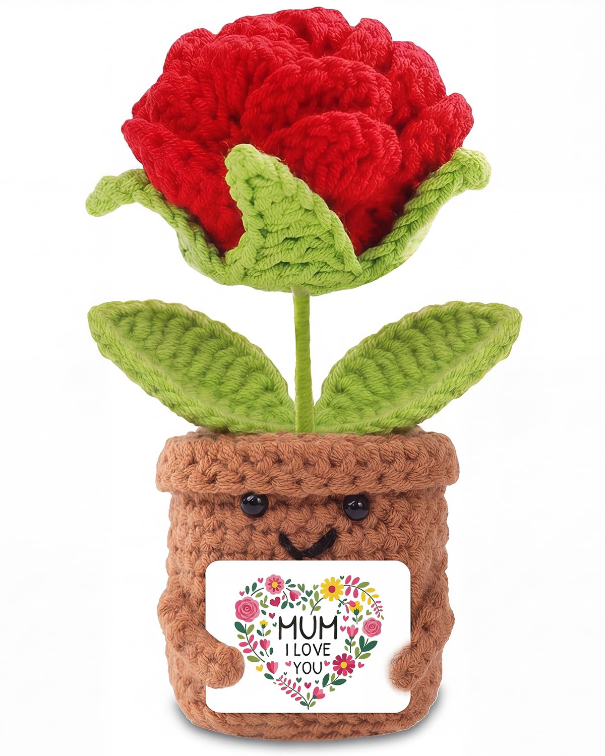 Mothers Day Gift for Mum, Handmade Positive Roses Doll Crochet with Card, Happy Mother’s Day from Son Daughter Children Kids- Knitted Decor — image 1