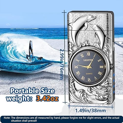Miniatura 4 de GADATOP Encendedores eléctricos recargables, encendedores de plasma de diseño vintage, con reloj de delfín 3D, luz LED para acampar (plateado)