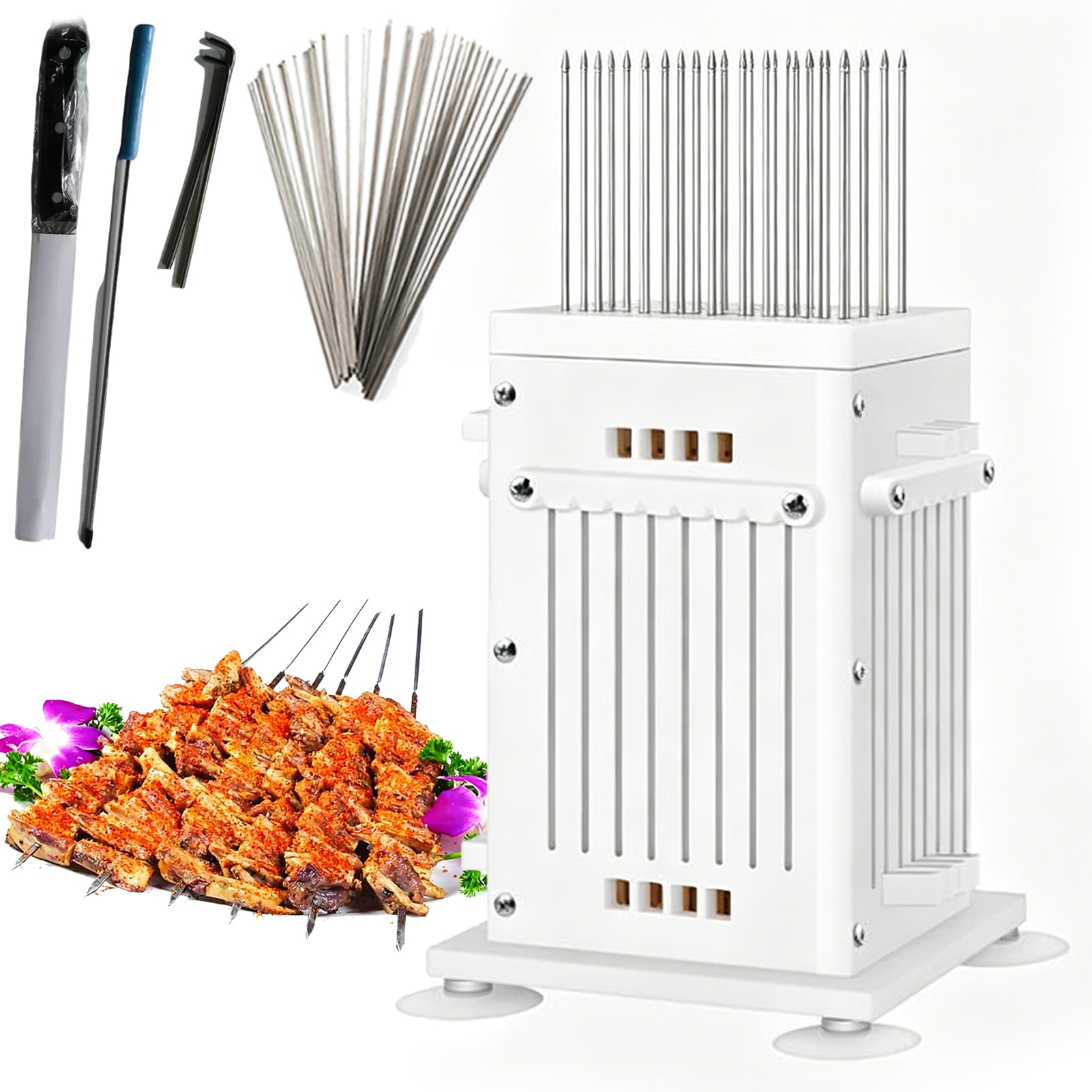 FHRKA BBQ Skewer Tool, 49/64/81 Holes Meat Skewer Maker Machine, Reusable Kebab Making Box, Fast Manual BBQ Skewer Machine (49 Holes)