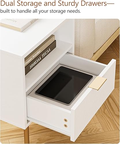 Miniatura 5 de Masupu Mesita de noche, mesa auxiliar de estilo moderno de mediados de siglo con cajón de almacenamiento y estante de madera abierta, mesa lateral