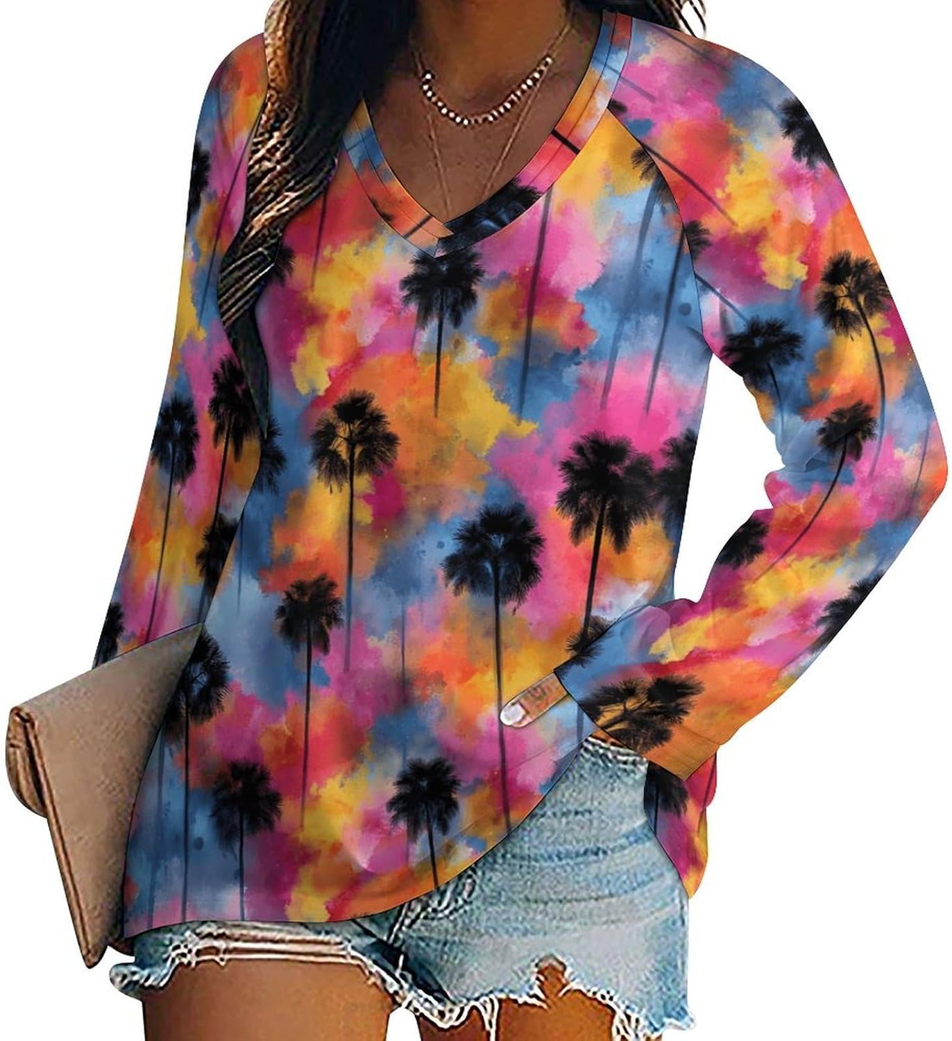 Hawaiian Artistic Palm Long Sleeve Shirts for Women Casual Womans Tops Loose V Neck Top