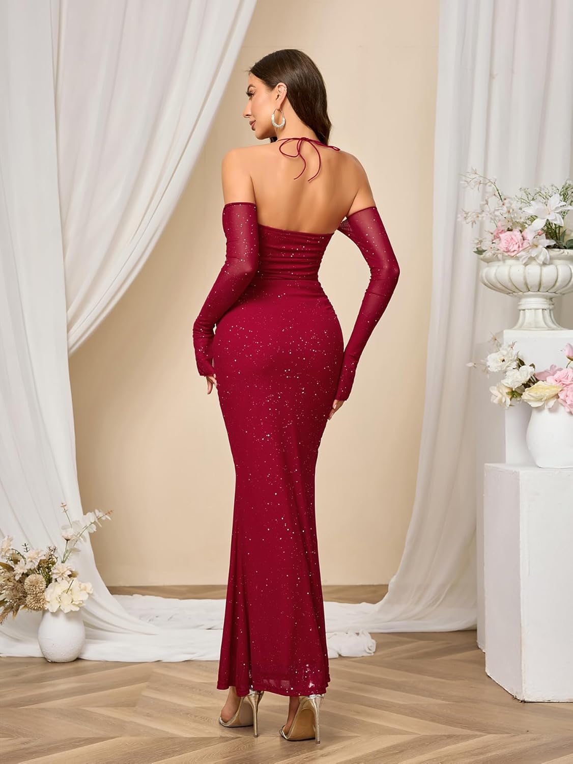 Parthea Women’s Sexy Sequin Sparkly Glitter Dresses Off Shoulder Long Sleeve Cocktail Evening Party Elegant Maxi Dress - Image 2