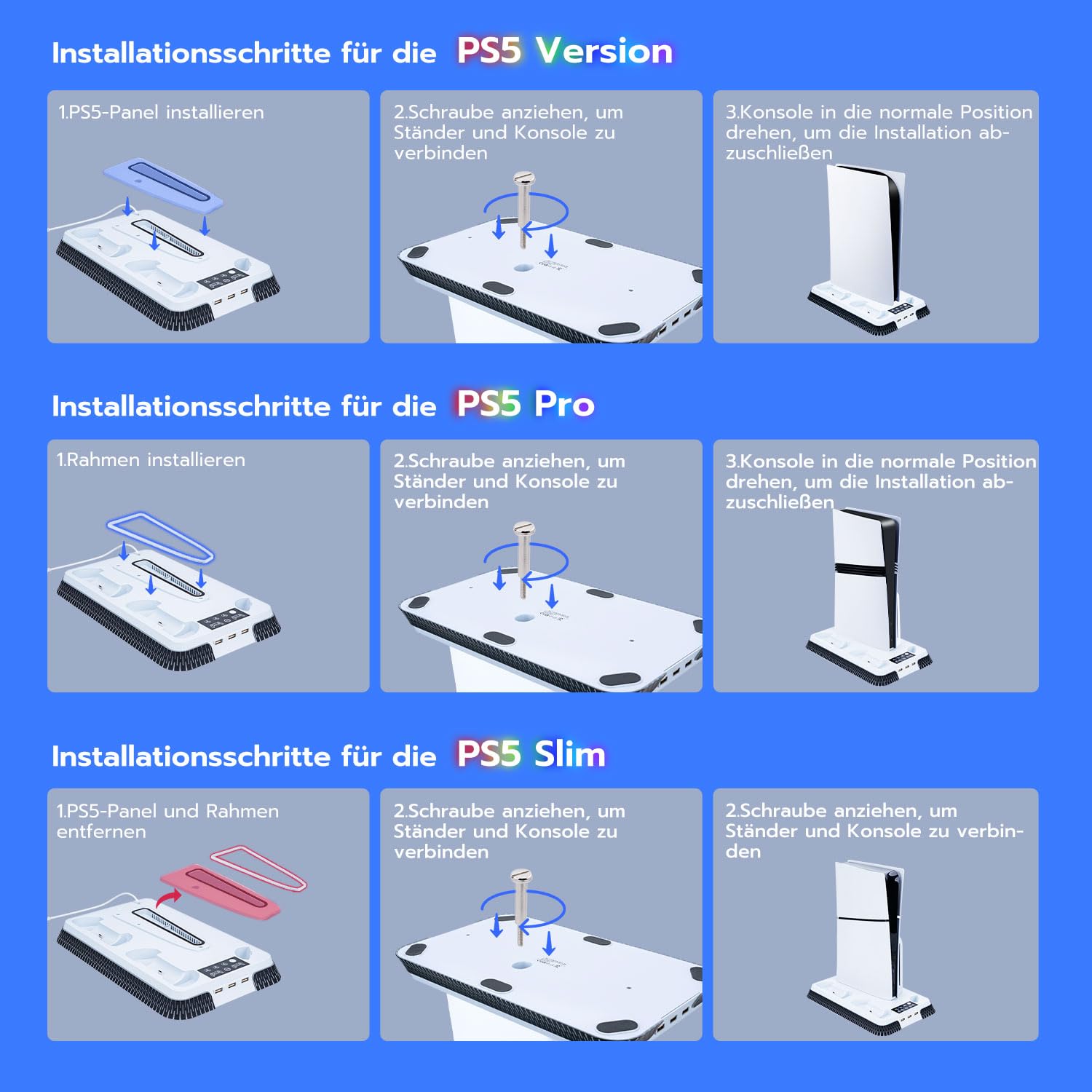 Wigearss PS5/PS5 Slim/PS5 Pro Kühler Standfuß mit Dual Controller Ladegerät, PS5 Controller Ladestation Standfuß mit Lüftert, RGB Licht für PS5/PS5 Slim/PS5 PRO UHD/Digital Edition