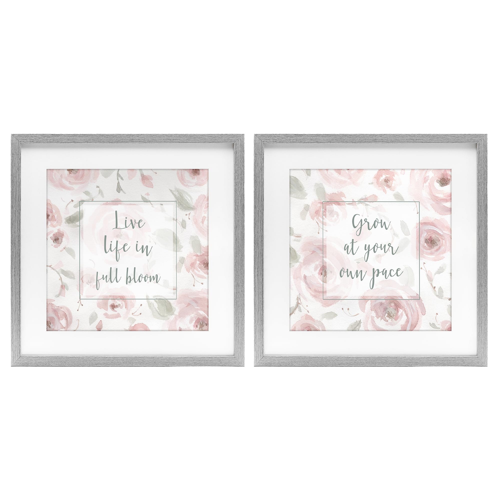Stupell Industries 'Full Bloom at Your Pace Florals', 2pc Framed Print Under Glass Set, Gray, 16 x 16, Ready to Hang Picture Décor, USA Made, By Artist Carol Robinson
