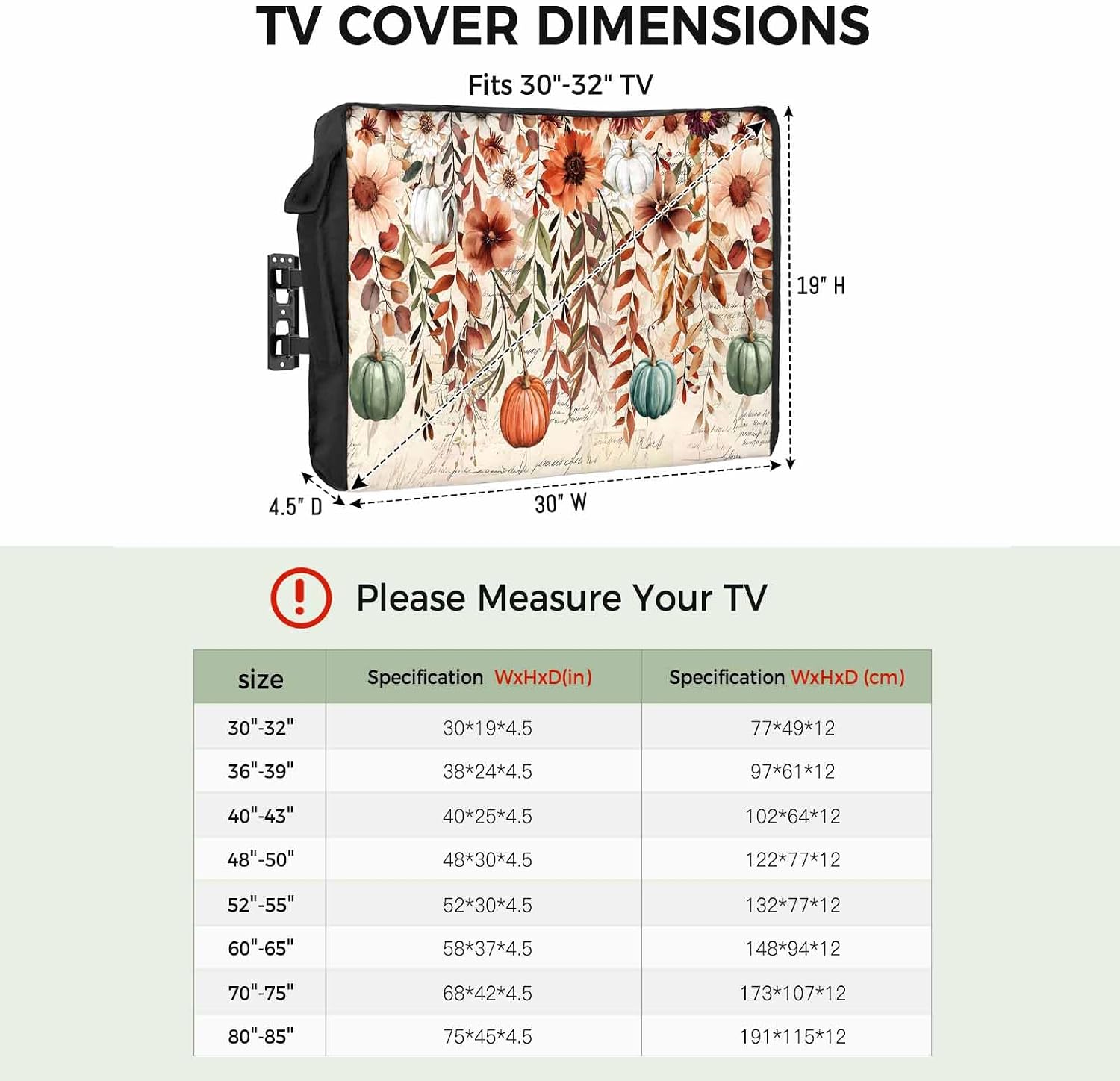 Thanksgiving Outdoor TV Cover Fall Pumpkin Flower Autumn Linen Texture Waterproof and Weatherproof 52"-55" LCD Movable Shield TV Display Screen Protector Outside Television Covers 52"Wx30"H