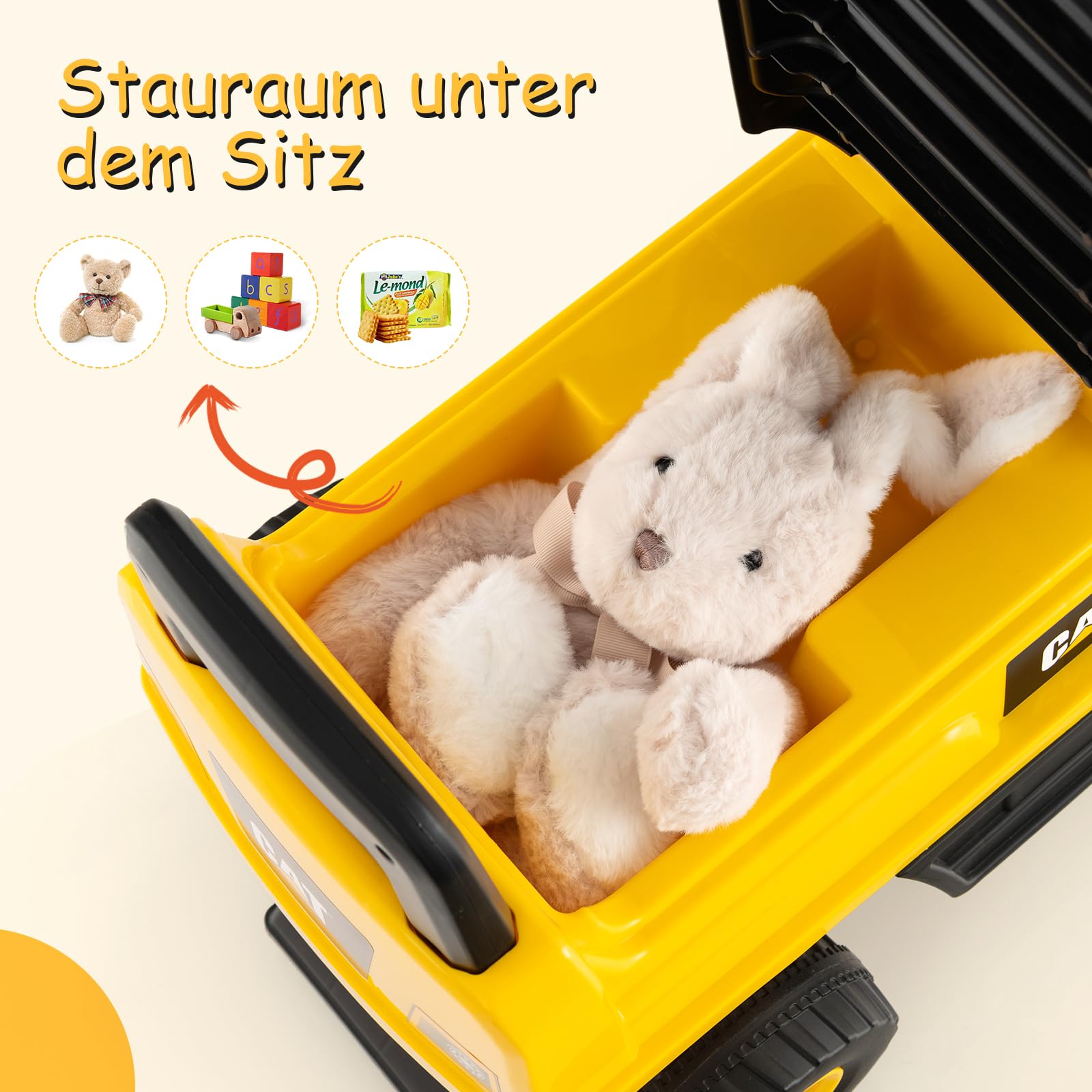DREAMADE Sitzbagger, Bagger mit Lenkbarer Schaufel & Hupe, Rutschauto mit Stauraum unter Sitz, Aufsitzbagger mit Anti-Rutsch-Räder & Anti-Rollover-Vorrichtung für 1-3 Jahre (Bulldozer)