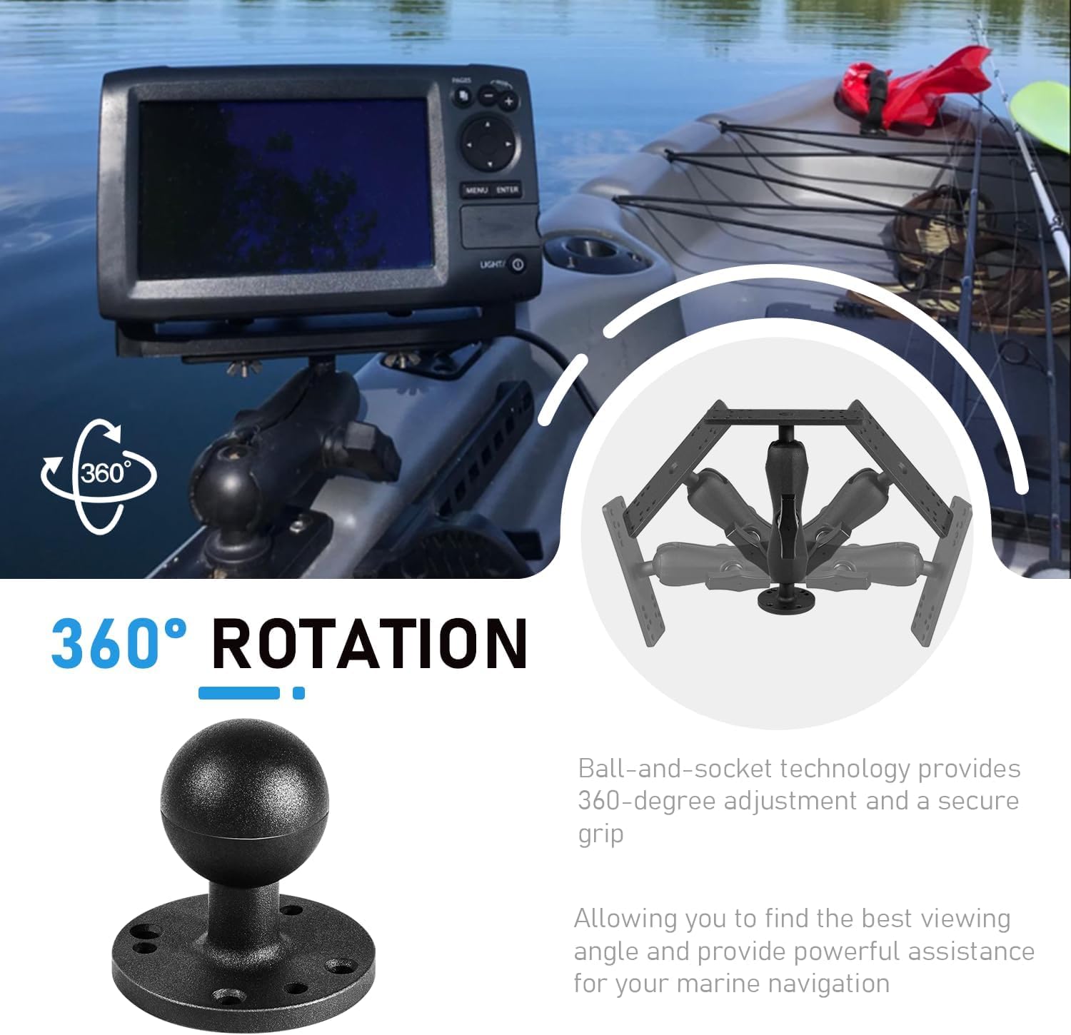 Fischfinder Support sphérique 1,5" en aluminium pour Garmin Echomap/Striker, Lowrance Elite/Hook/HDS & Humminbird Helix – Rotation à 360 °, inclinaison ± 90 °, qualité marine, plaque de montage