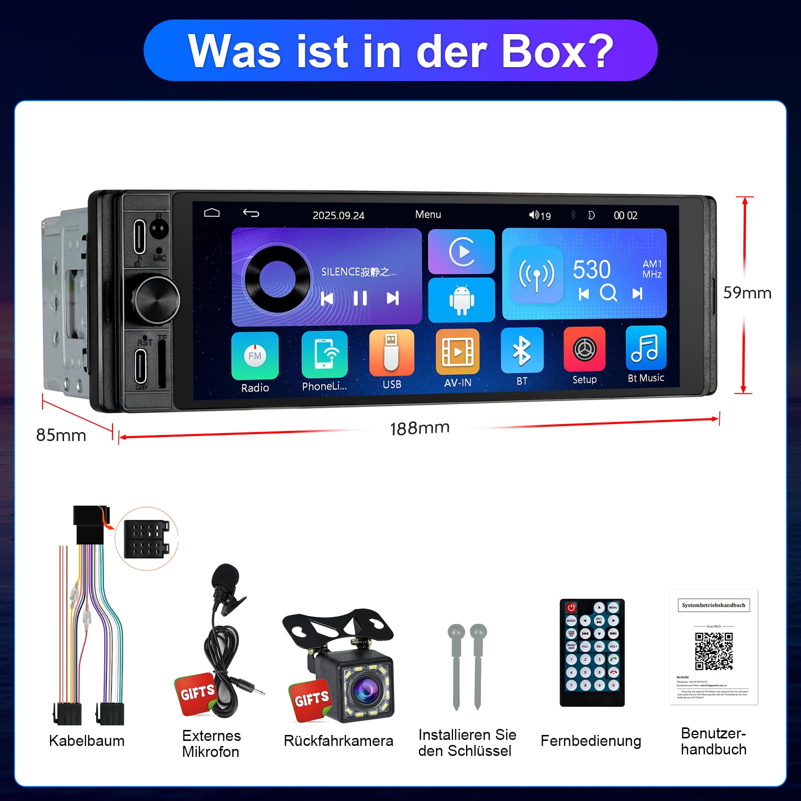1 DIN Radio Kompatibel mit Wireless CarPlay & Android Auto, Autoradio 1Din mit 6,28 Zoll HD Bildschirm, Navi, Bluetooth, AM/FM/RDS, TF, AUX, SWC