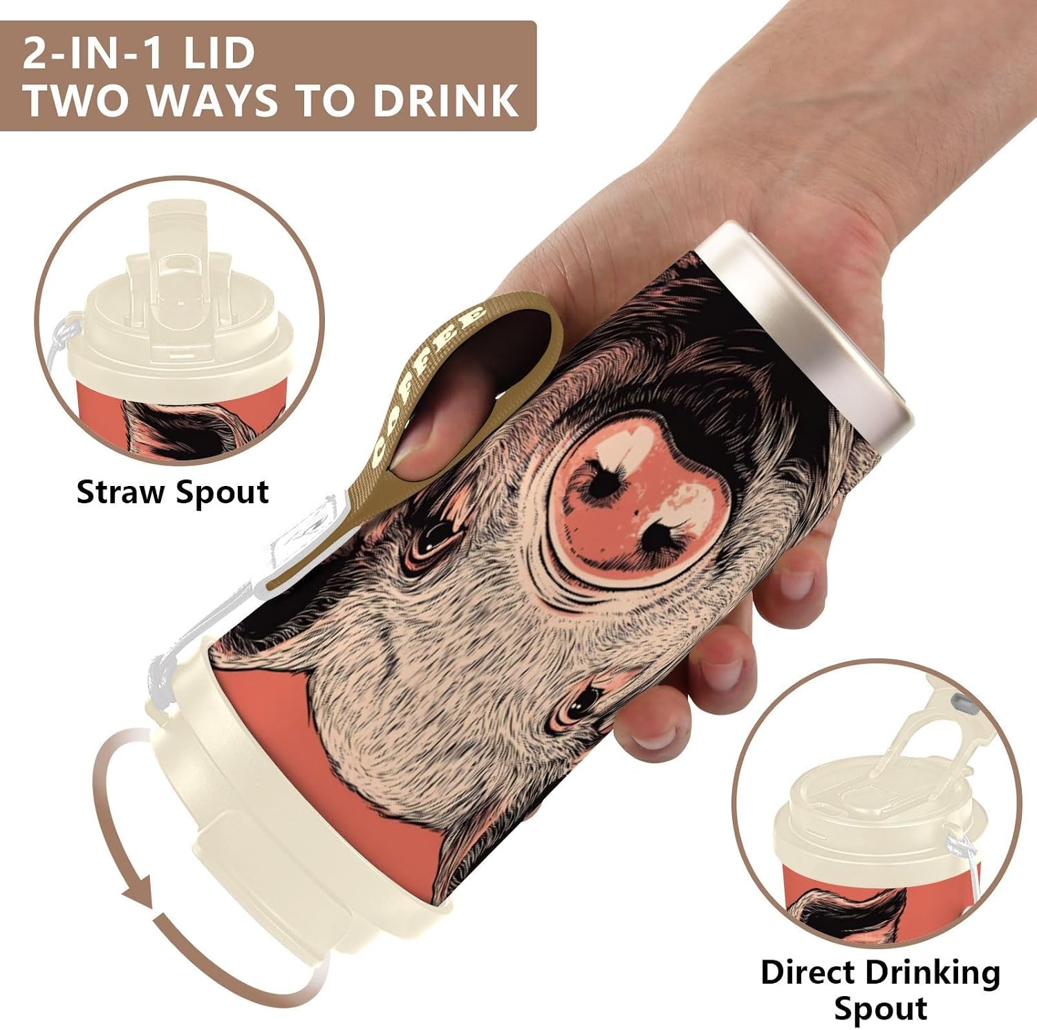 Pig Portrait Cute Insulated Coffee Mug with Straw & Flip Lid, 16.9oz Iced Tumbler Cup, Double Wall Vacuum Mug for Travel Office