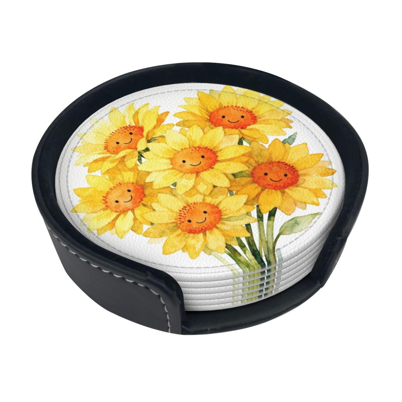 Cntdbu White Smiling Sun Bouquet Leather Coasters Set Of 6-Pu Leather Drink Mats For Table, Heat Resistant Round Coasters With Holder