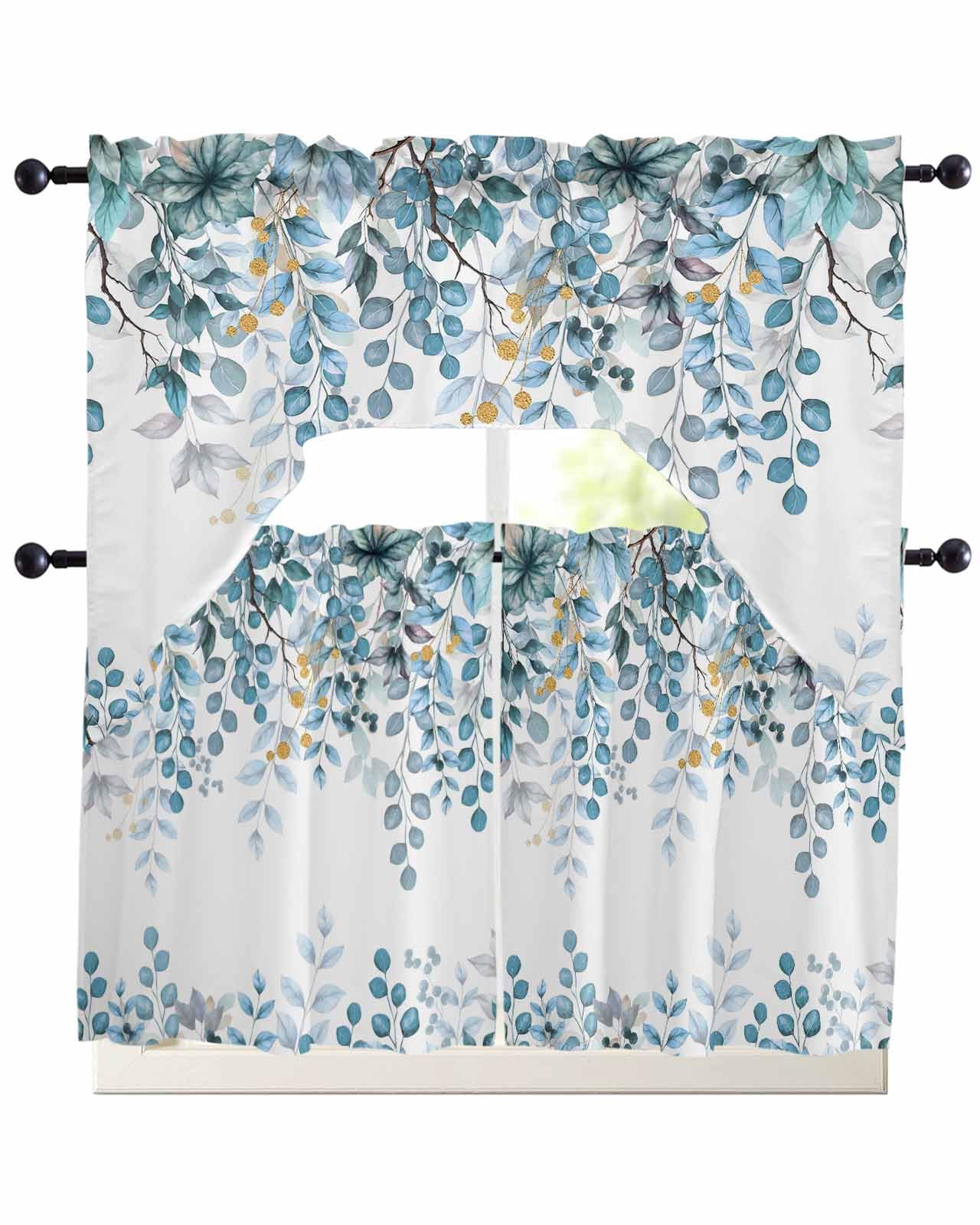 Summer Eucalyptus Leaves Swag Curtains Valance and Tier Set, Rod Pocket 3 Piece Kitchen Curtains Over Sink Spring Botanical Floral Swag Valances and