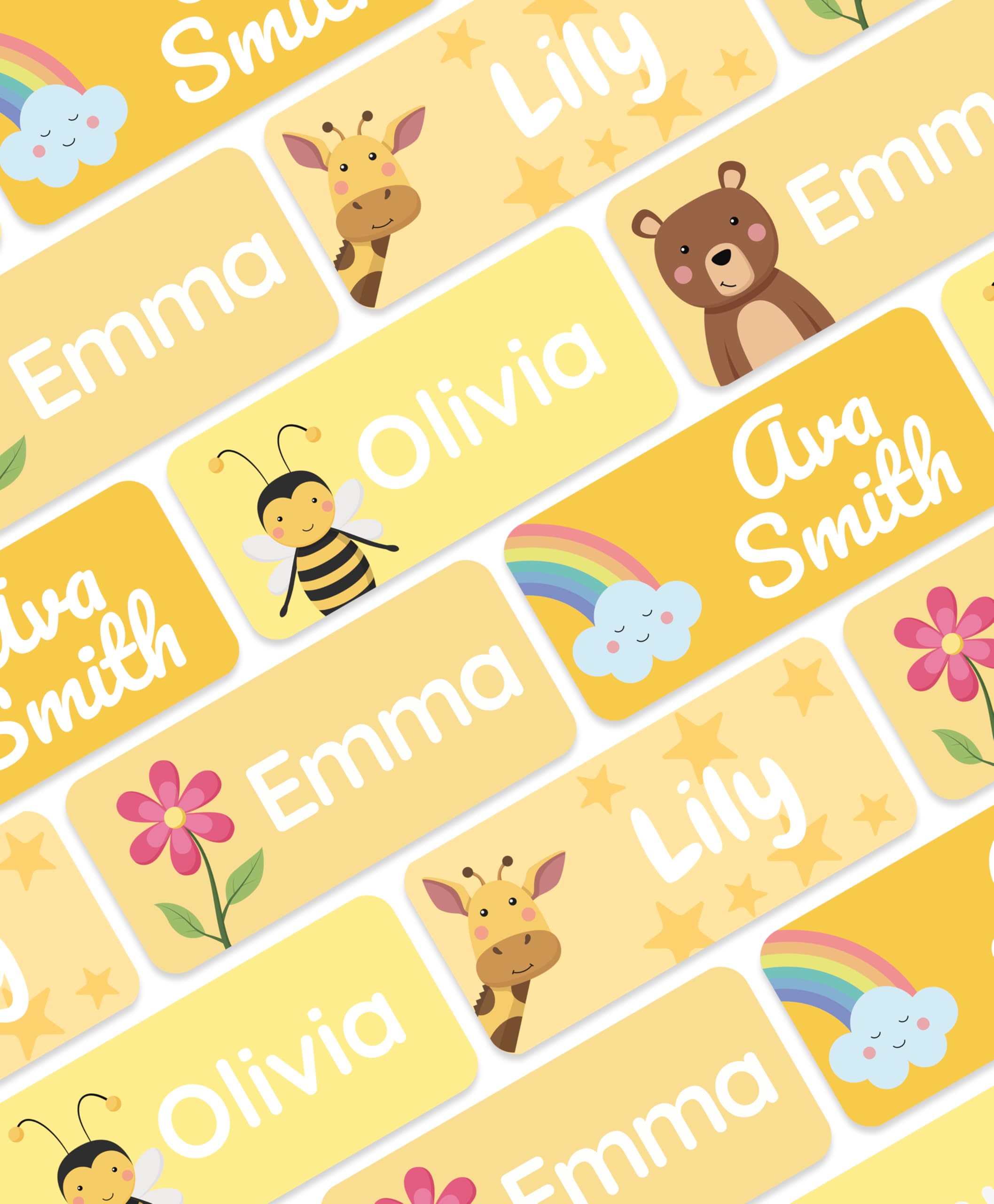 Personalized Name Labels for Kids (70 Labels) - Durable & Waterproof Custom Name Stickers for Clothing Tags, School Supplies, Camp & Daycare - Yellow