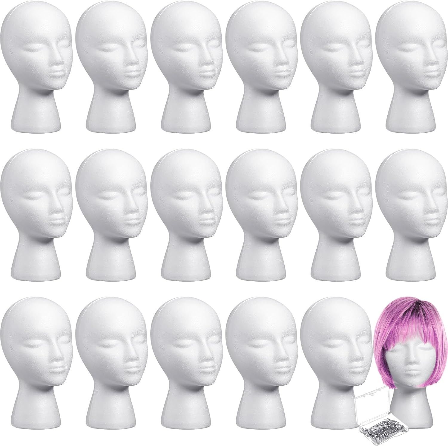 Gisafai 18 Pcs Foam Wig Head with 50 Pcs T Pins Female Foam Mannequin Wig Stand and Holder Cosmetics Model Head Display Hair, Hats Hairpieces Display for Home Travel Salon (11 Inch)