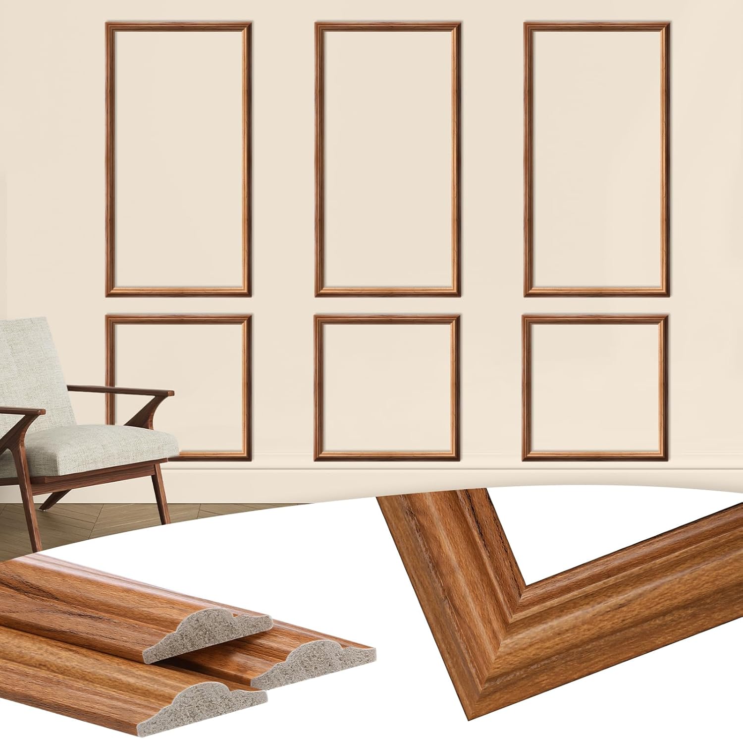 3 Set Wood Color Peel and Stick Wall Molding Kit 6 Frame Premade Wainscoting Accent Panel Ready to Assemble 3D Wall Panels Trim for Interior Mirror Home Molding Decor, 54 x 24 Inch Wood Color Classic