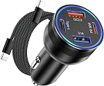 65W iPhone 15/16 Pro Max USB C Chargeur de voiture, 4-Port Adaptateur de chargeur de voiture USB-C&USB-A USB C Adaptateur d'éclairage de cigarette+6FT tressé USB C Câble pour iPhone 17/16/16 Plus/16 Pro/15 Pro Max,iPad