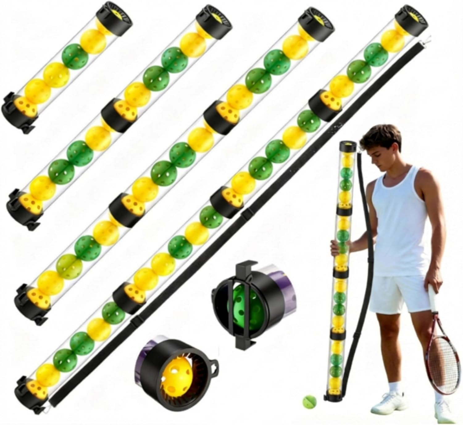 Soulchen 24 Balls Ball Pickup Tube Retriever and Holder with Strap Picker Hopper Tube Lightweight Detachable Collector for Easy Pickup Carrying