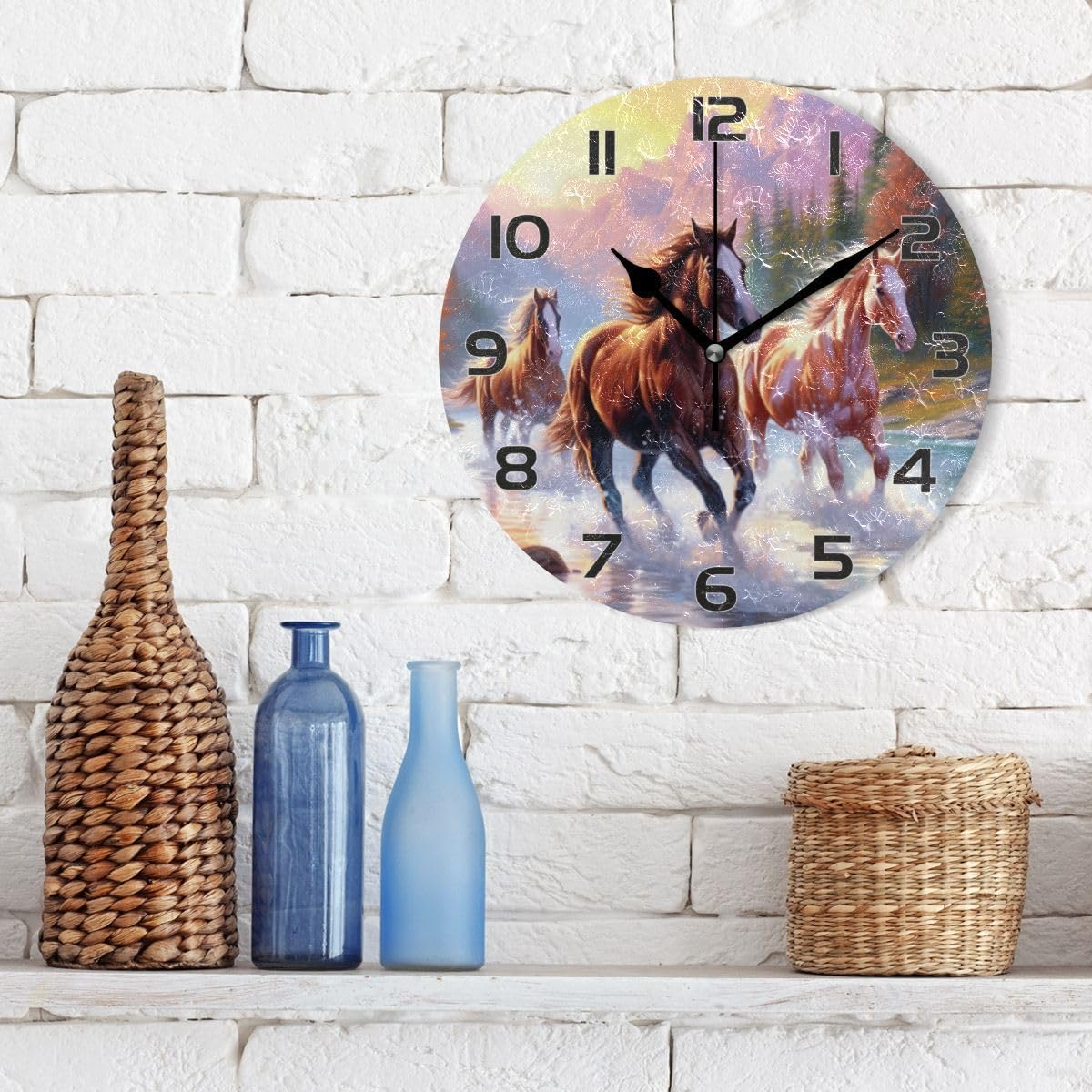 Nander Running Horses Non Ticking Round Wall Clock Battery Operated Oil Painting Home Office School Decor Dual Use Art Clock 9.45 Inch
