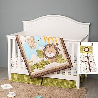 4 PCs Elephant Lion Giraffe Crocodile Nursery Crib Bedding Set Baby Animal Safari Cot Bedding Set 1 Quilt 1 Fitted Sheet 1 Skirt 1 Diaper Storage Bag