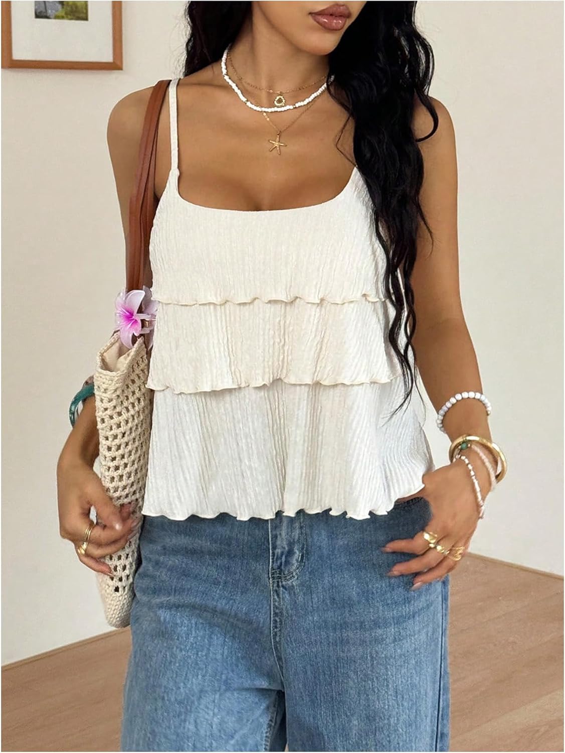 OYOANGLE Women's Layered Ruffle Cami Top Spaghetti Strap Lettuce Trim Flowy Summer Beach Camisole - Image 4