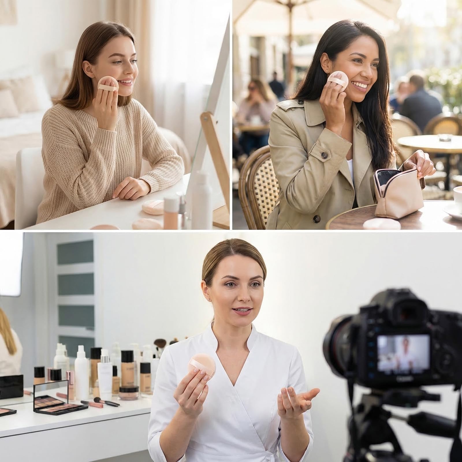 Runde Velour-Puderquasten mit Band, 8 cm, weicher Schwamm, Gesicht, Make-up, Kosmetik, loser Puderquaste, Foundation, Beauty-Werkzeug, 3 Stück (Beige)