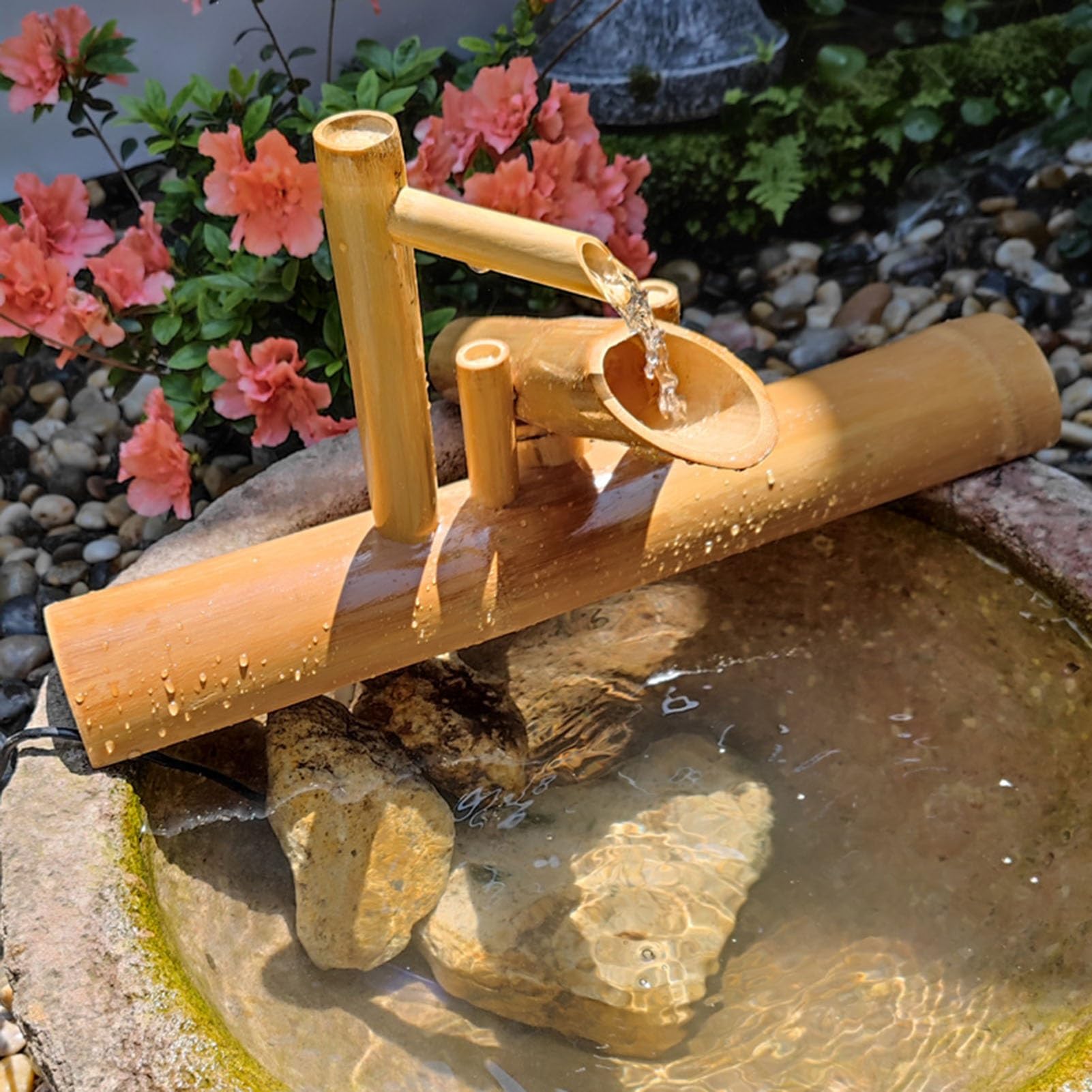 Bamboo Fountain Decor, Garden Decoration, Outdoor Feature Pond Decor With Pump, Handmade for Indoor Outdoor Backyard Lawn (Size : 35cm)