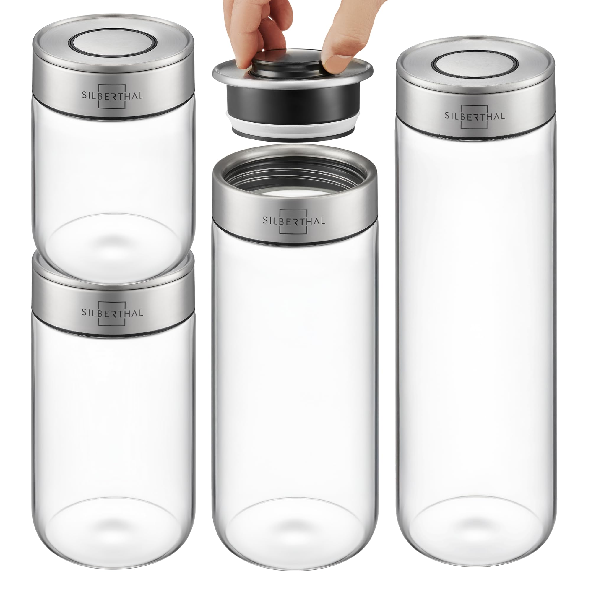 SILBERTHAL Set de 4 Bocal Hermétique en Verre avec Étiquettes Empilable | Couvercle inox, idéal vrac et zéro déchet, pâtes/céréales