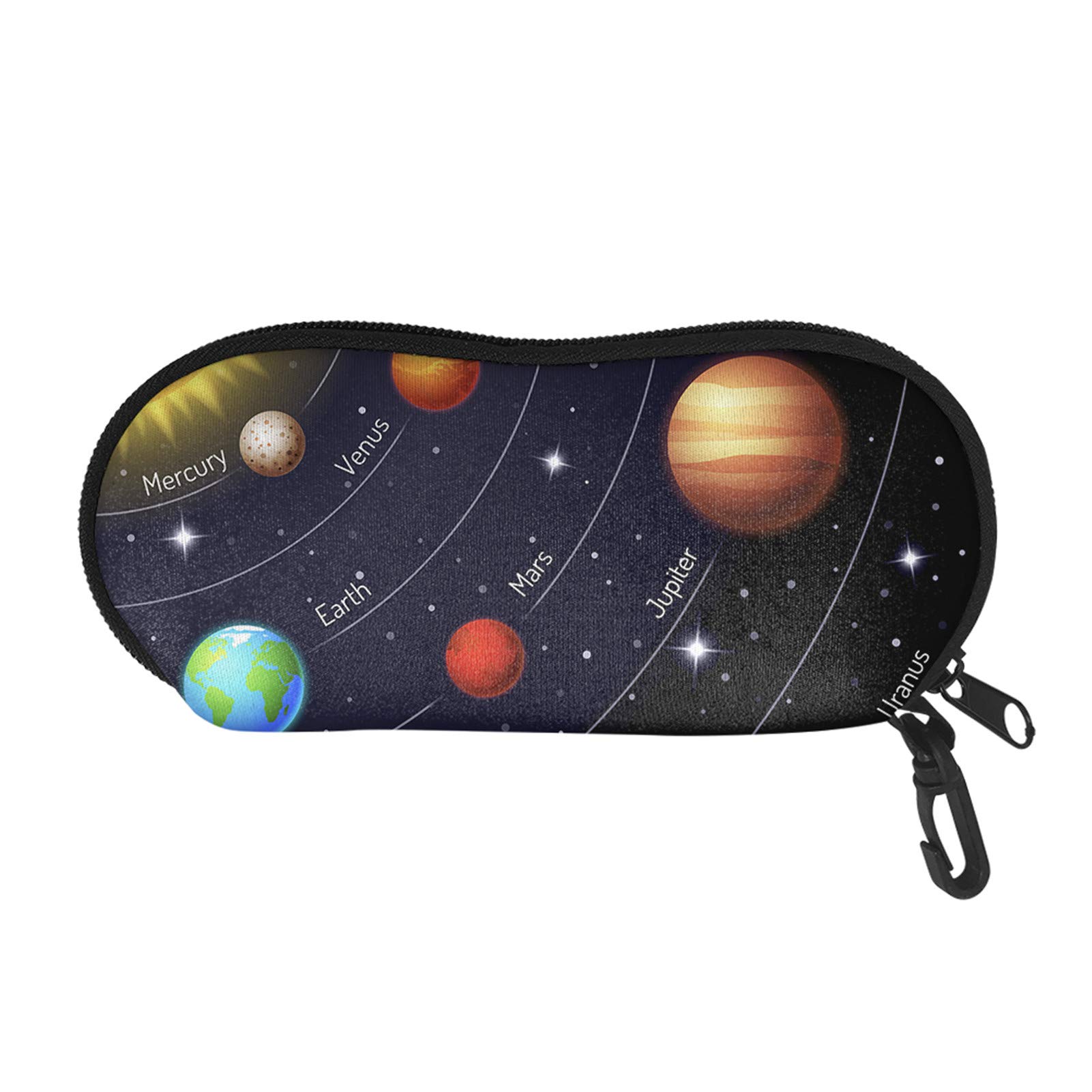 JOAIFOCartoon Planet Travel Sunglass Case for Kids Universal Space Print Ultra Light Zipper Eyeglass Pouch with Belt and Hook