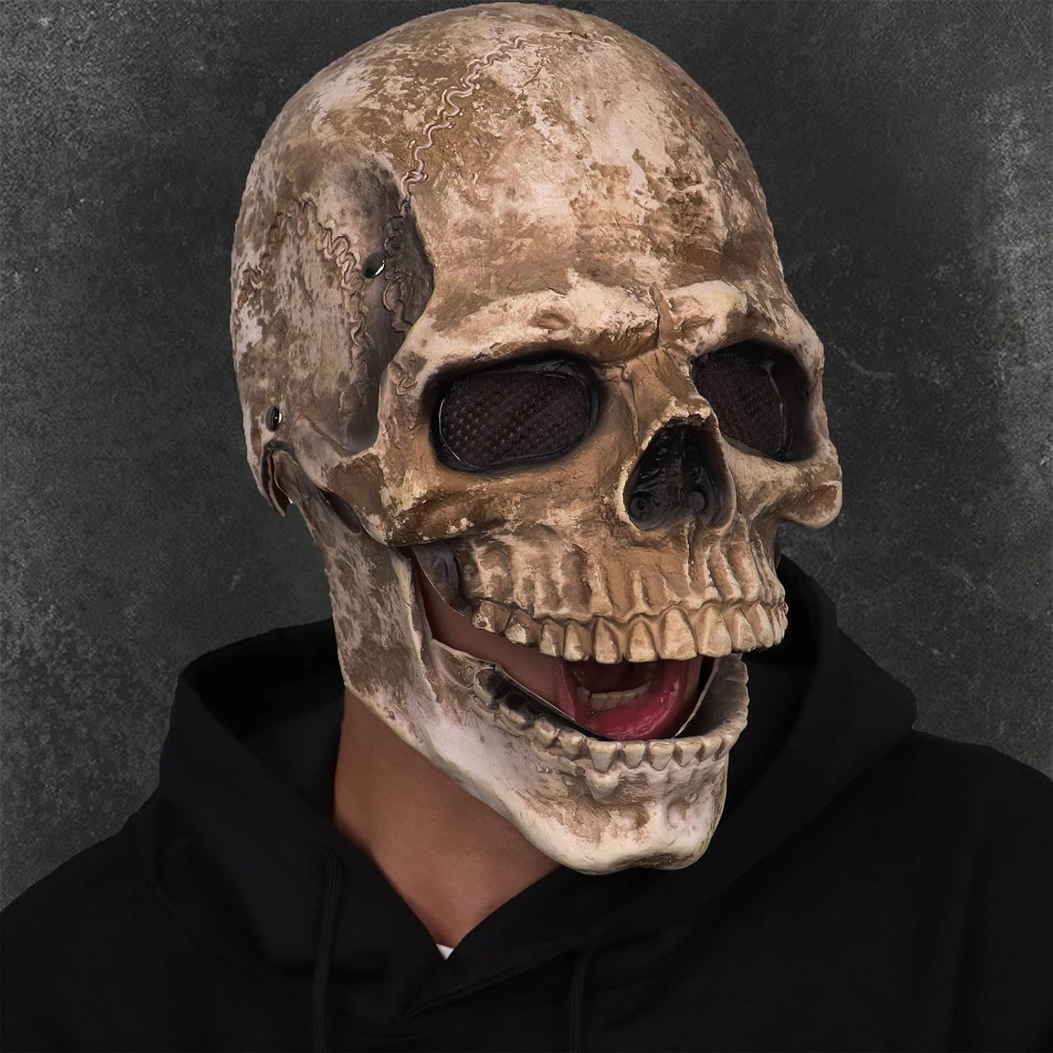 Creepy Full Head Skull Mask with Moving Jaw Halloween Scary Latex Helmet for Cosplay Party Props