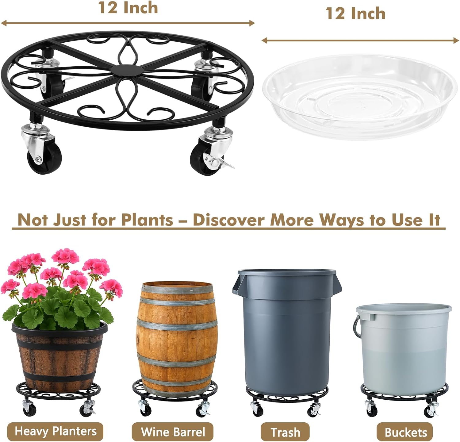 4 Pack Plant Caddy with Wheels 12 Inch Rolling Plant Stand for Large Plants Heavy Duty Plant Rollers Metal Plant Dolly Rustproof Planter Stand Wrought Iron Plant Stands Flower Cart Indoor Outdoor
