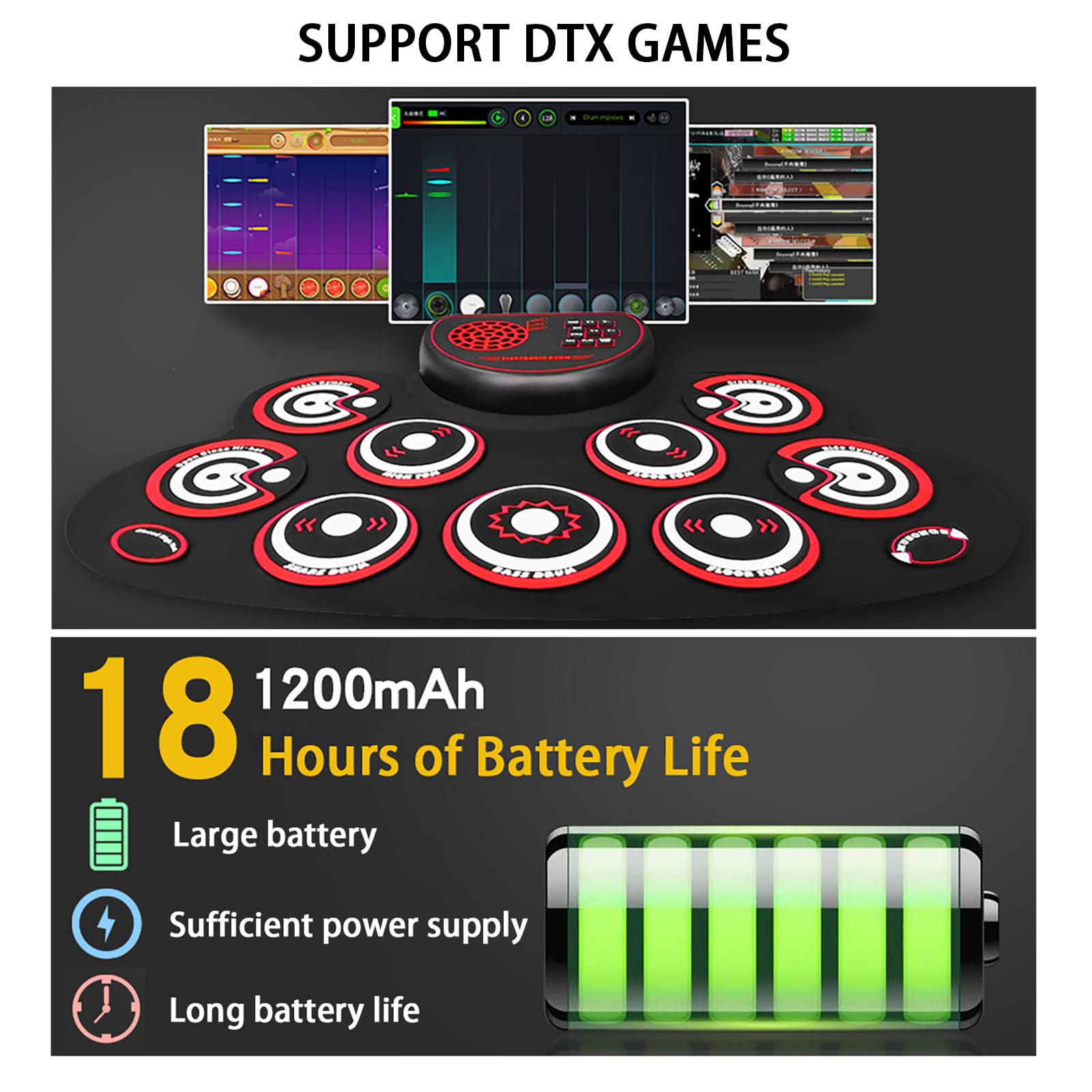Batería Electrónica Enrollada A Mano Con 10 Pads De Batería, Pad Recargable Con Modo De Reverberación, Juegos DTX + Pedales Duales + Dispositivo De Conexión Por Cable + Auriculares/Woofer ,Tiger