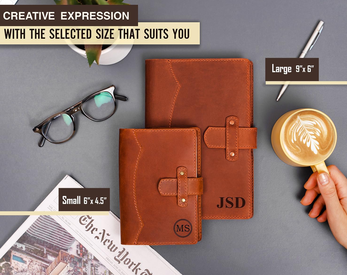 100% Genuine Leather Journal Engraved Name or Initials – Crafted in USA – Customized Gift for Business, College, Travel, Work – Refillable Lined Pages Notebook for Writing – Journal for Men & Women