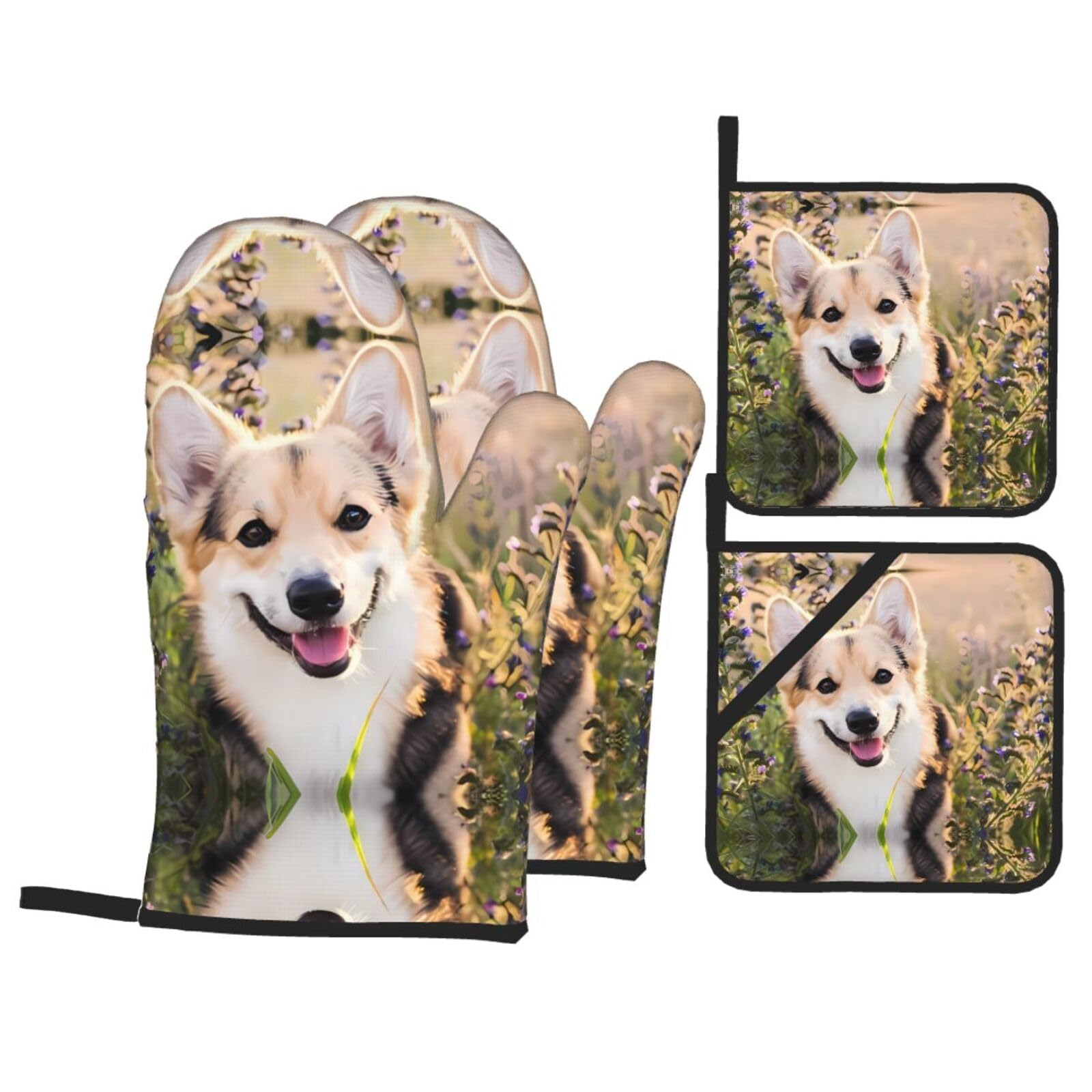 WHJSHOP Dog Prints Kitchen Baking Throw Set with Heat Resistance, Waterproof Oven Mitts & Pot Holders for Cooking, Grilling & Handling Hot Dishes