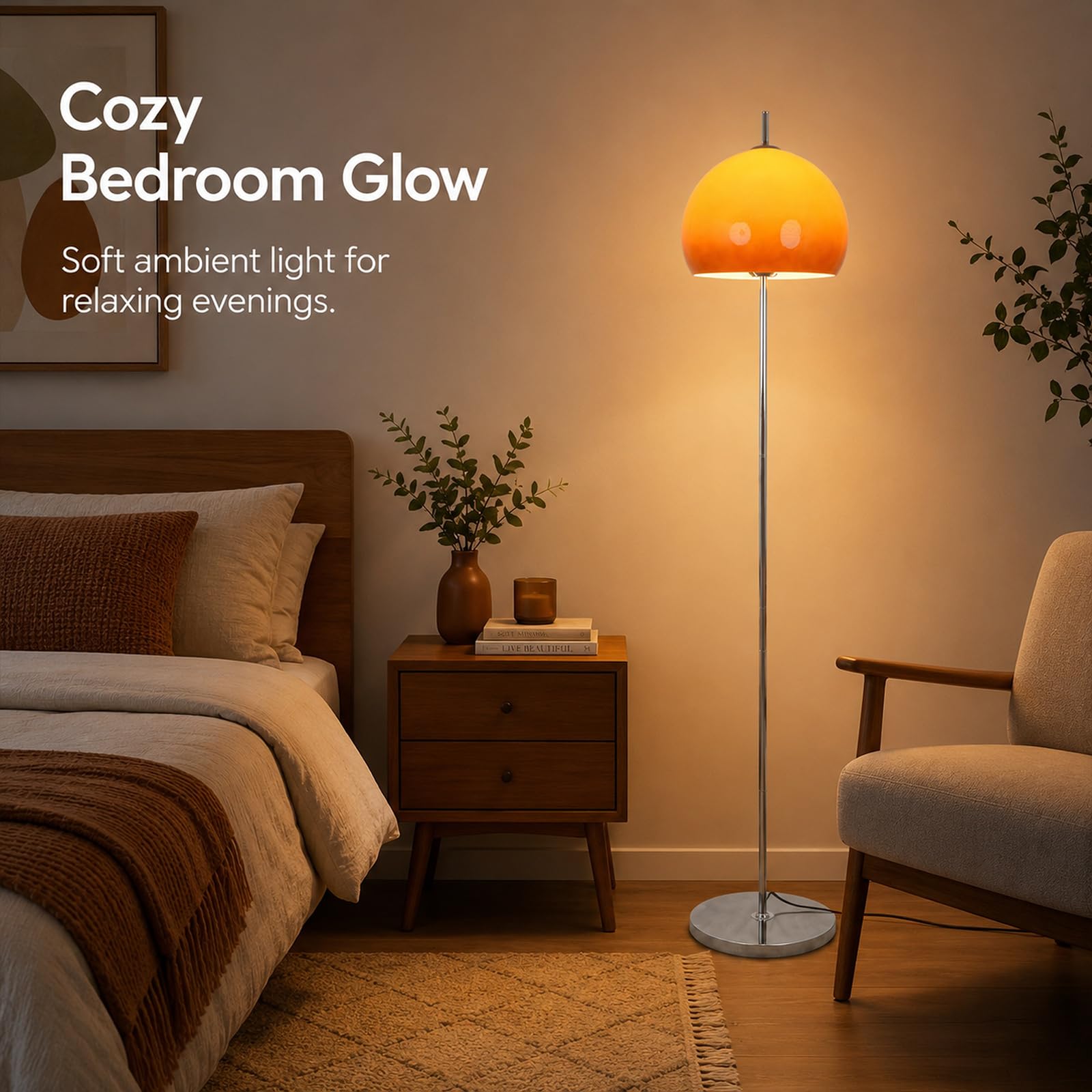 Orangefarbene Pilz-Stehlampe 161 CM Mit Glaskugel Für Wohnzimmer | Mid-Century Modern, Sunset-Glaskugel, E27, 3 Farbtemperaturen, Fußschalter, Hohe Chromstange Für Schlafzimmer Und Büro