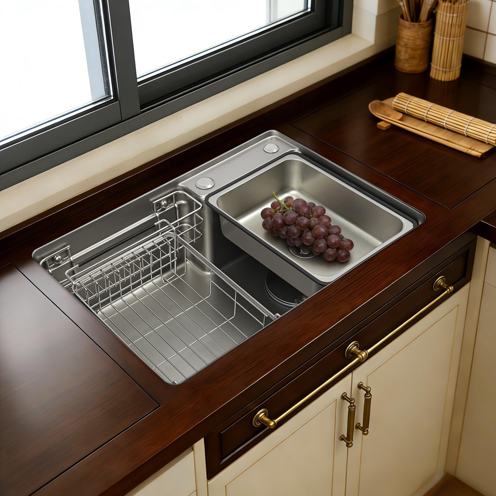 Vielseitige Edelstahl Küchenspüle, 1 becken Einbauspülen Auflagespüle mit Abtropfkorb & Siphon, für ab 58 cm Unterschrank, ideal für Wohnmobil, Vorbereitungsküche & Bar