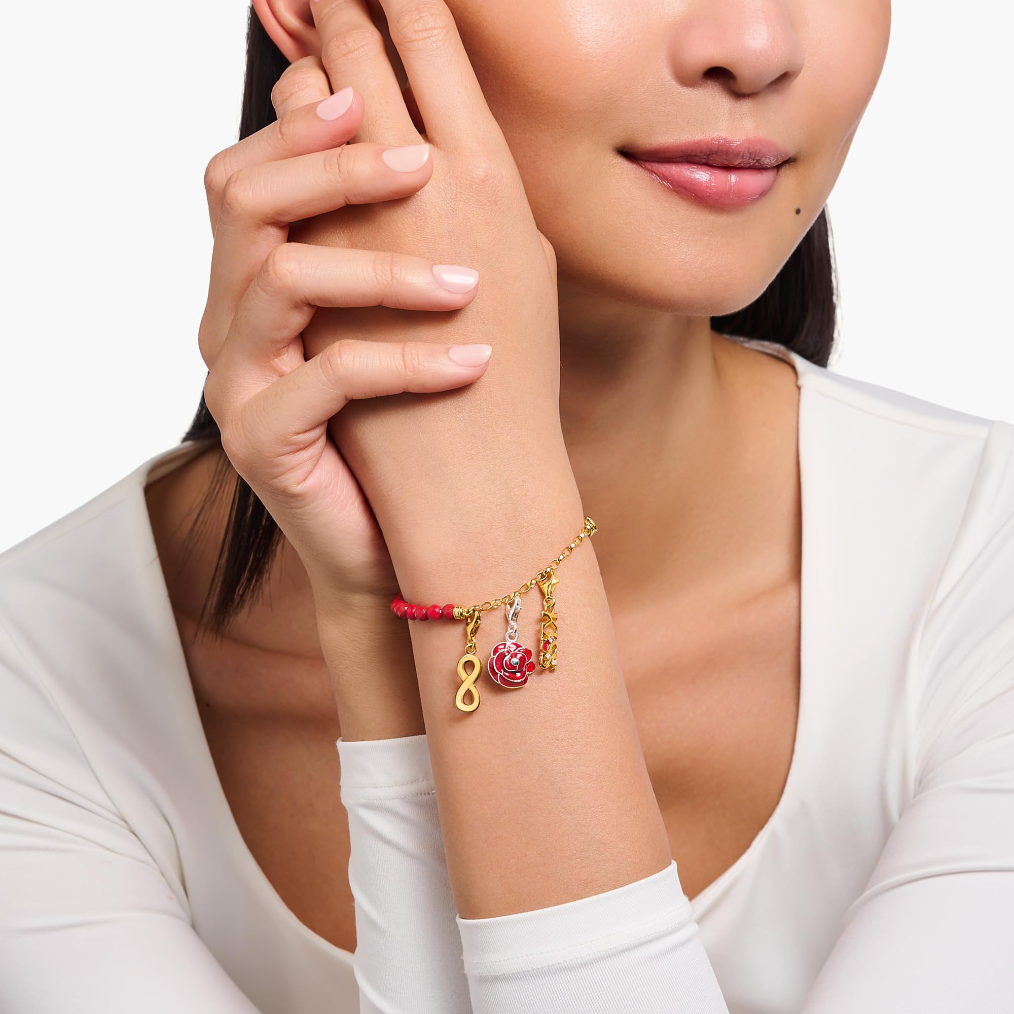 THOMAS SABO Member Charm-Armband rote Beads und Gliederelemente vergoldet 925 Sterlingsilber, Kaltemail, 750 Gelbgold Vergoldung