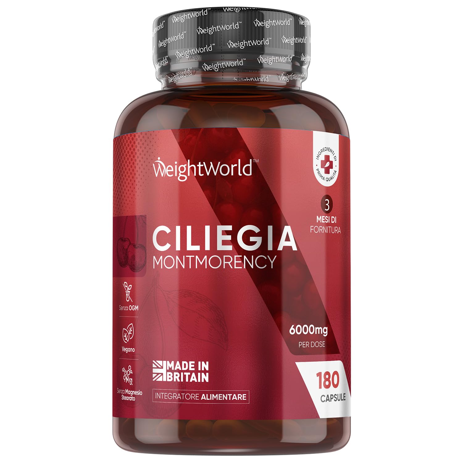 Montmorency Cherry 6000mg (Estratto 50:1), 3 Mesi di Scorta, 180 Capsule Vegane di Estratto di Ciliegia Prunus Cerasus, Integratore Cherry Montmorency Senza Glutine, OGM e privo di Magnesio Stearato
