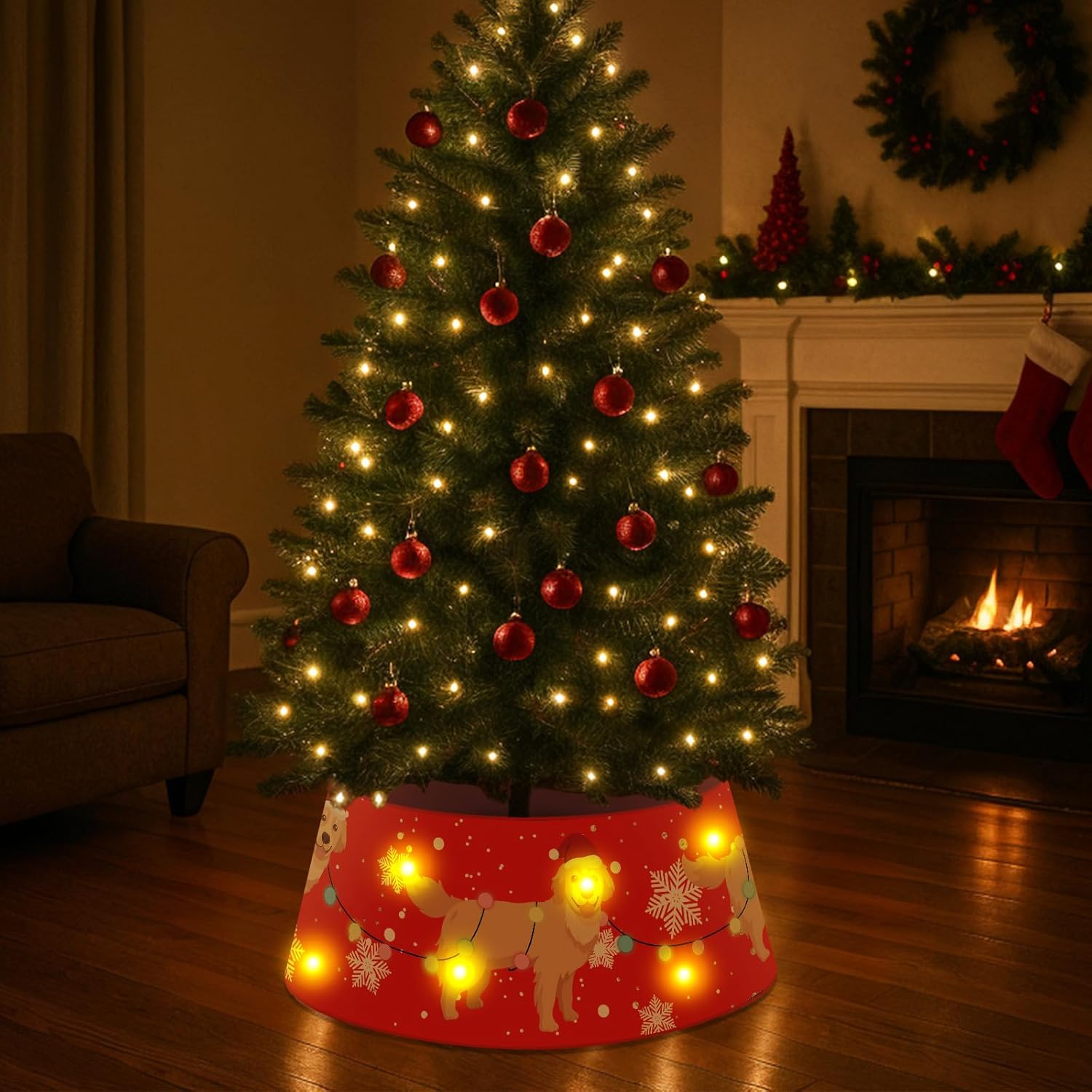 Dog Christmas Tree Collar Golden Retriever Christmas Decor Red Tree Skirt with LED Light Ring Base Cover for Christmas Trees Decoration Holiday Indoor Outdoor