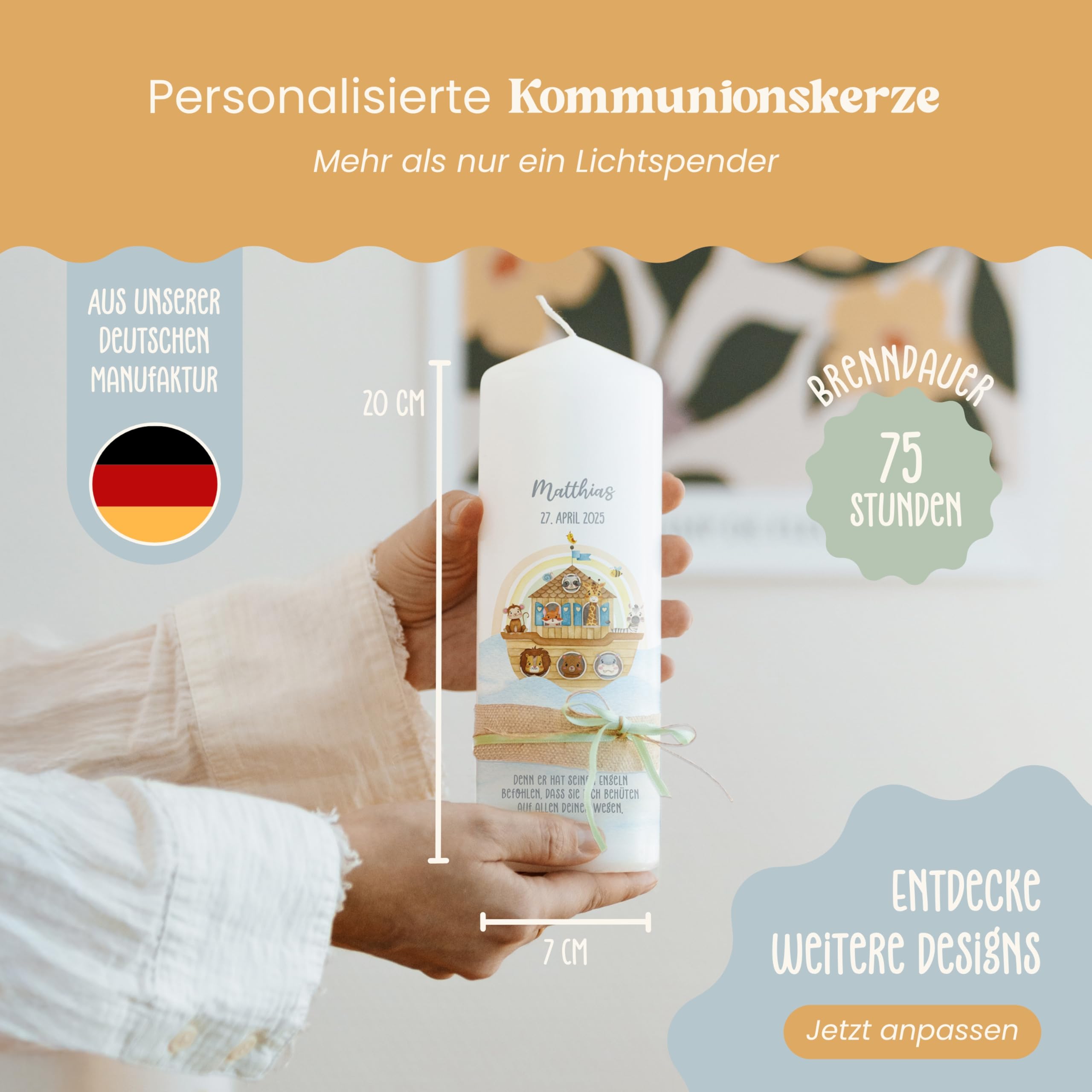 Lilletå ® Kommunionkerze Personalisiert Arche Noah H:25cm/⌀:8cm - Kerze für Junge/Mädchen - Selbst Gestalten