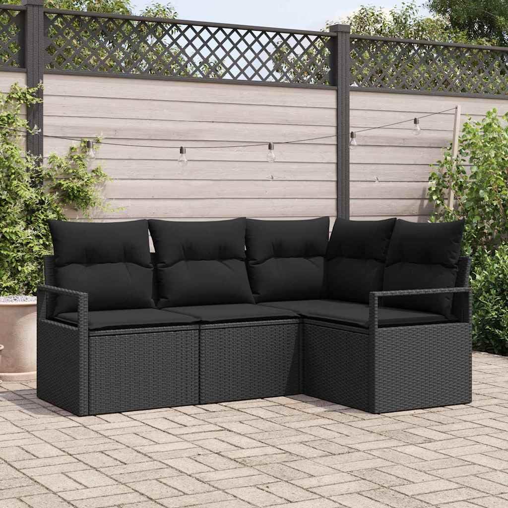 Sofa zestaw 4-częściowy, czarny, polirattanowy do ogrodu i na taras, modułowa sofa na zewnątrz, odporna na warunki atmosferyczne meble tarasowe z miejscem do przechowywania