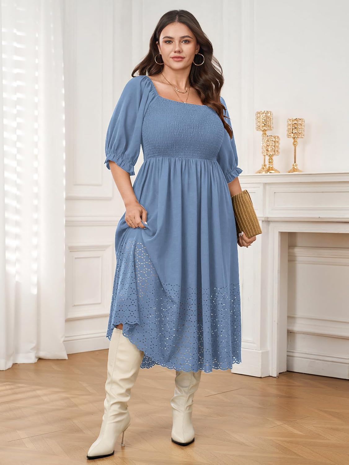 SCOMCHIC Women's Plus Size Maxi Dress Short Sleeve Square Neck Hollow Out Smocked Flowy A-Line Boho Wedding Guest Dresses - Image 4