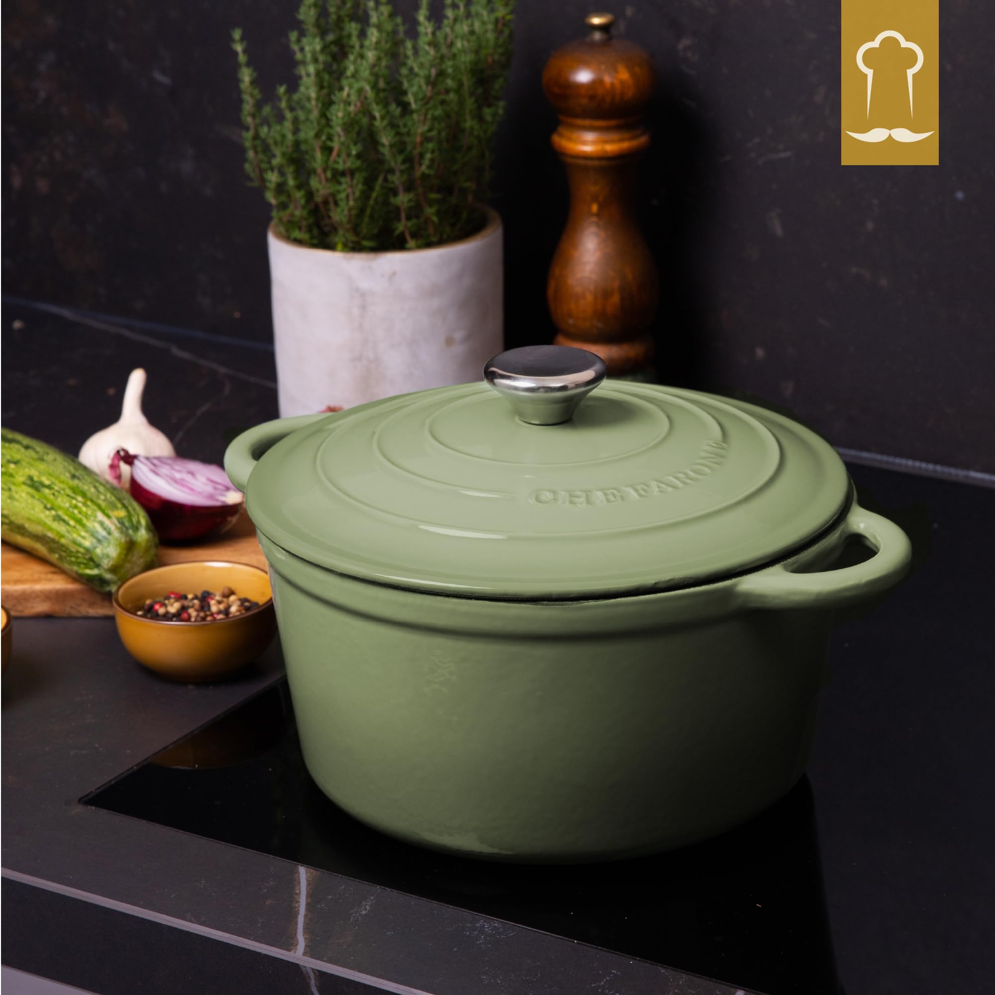 Chefarone Cacerola Hierro Fundido 24 cm 3,5L Esmaltada con Tapa Inducción Horno – Cocotte Multiusos para Hornear Pan Guisar Freír Cocinar