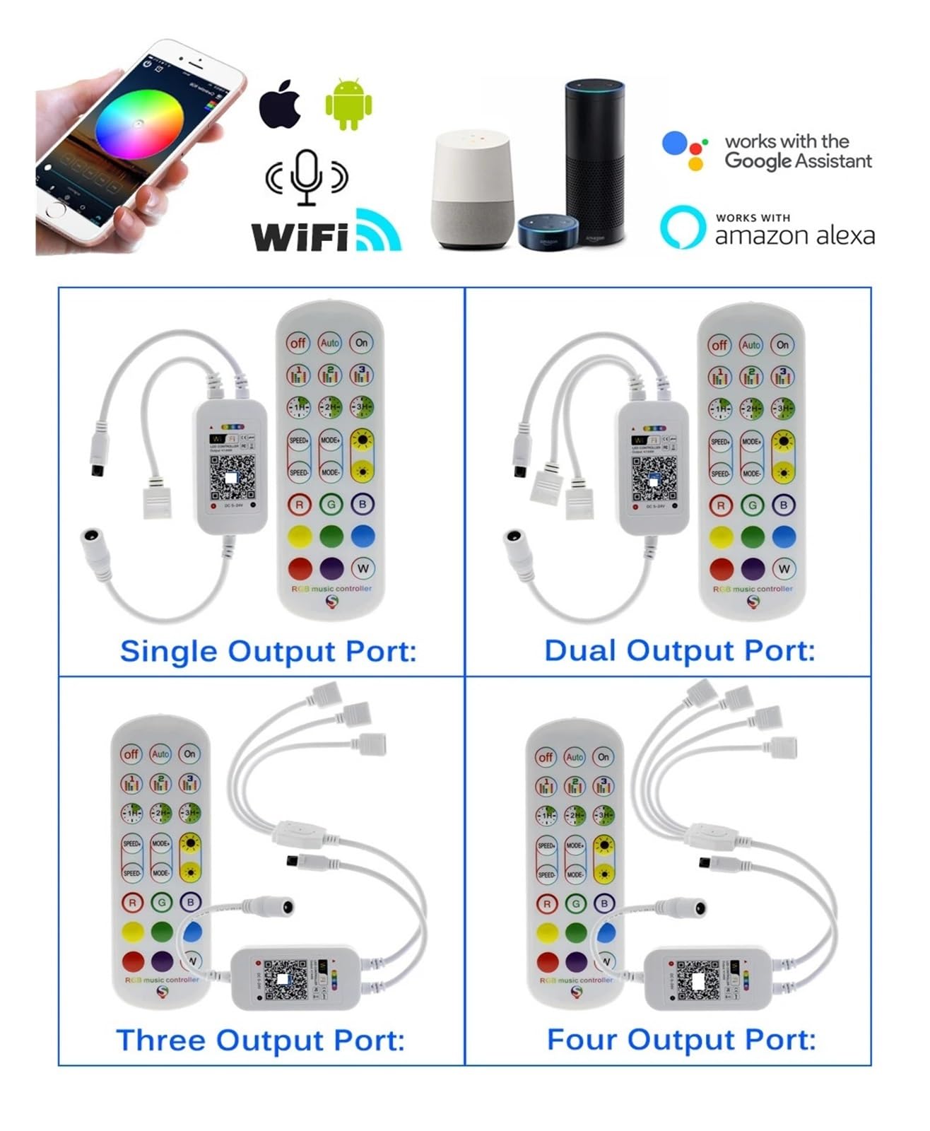 Controlador LED RGB Controlador de música Wifi Salida Dual/Triple/Quad Salida 24 Teclas Remoto WiFi Smart LED RGB Tira de luz DC5V-24V (Color: Tres Salidas)