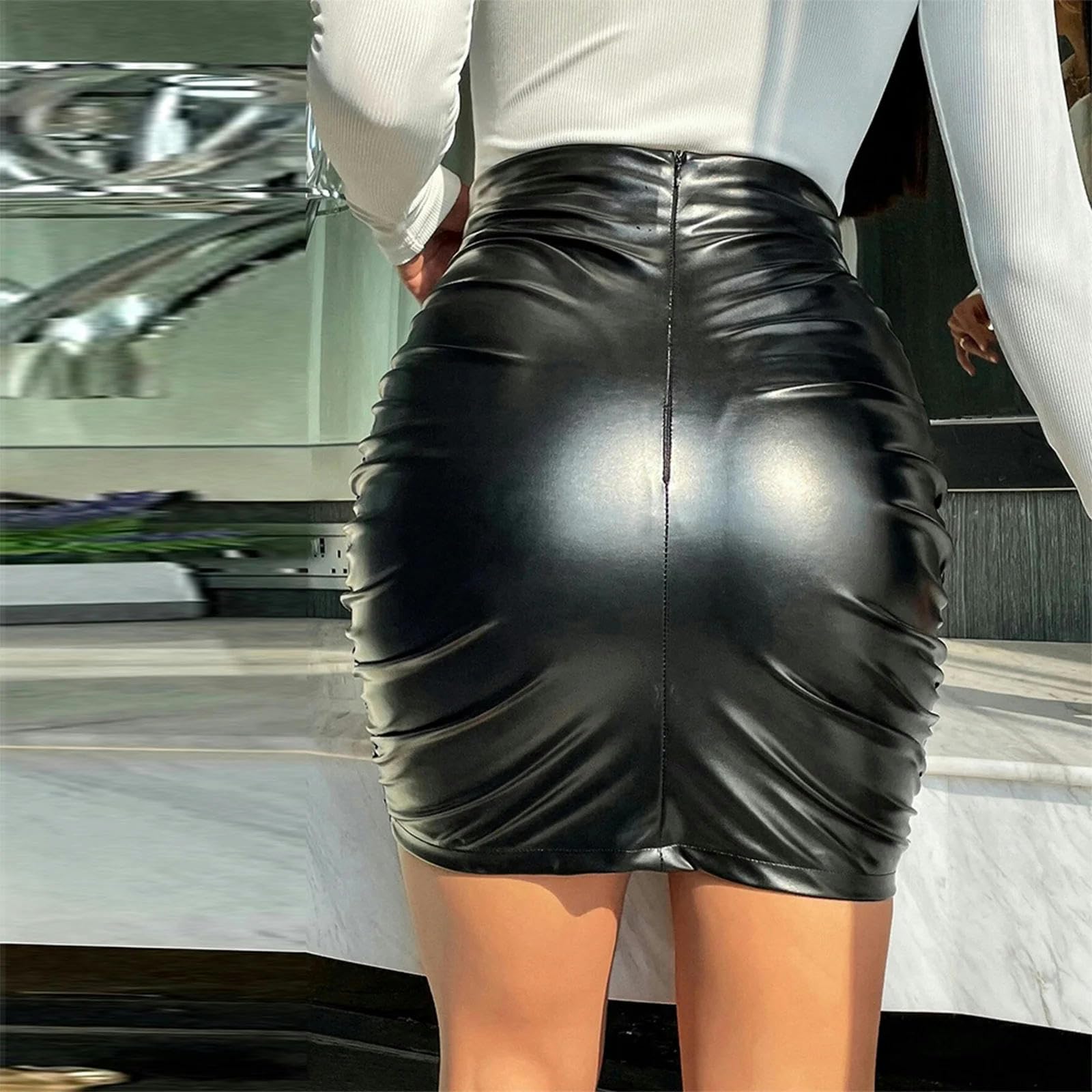 Rock Damen Damen Rüschen Pu Leder Bleistift Rock Mode High Taille Mini Kleid-Burgund-XXL