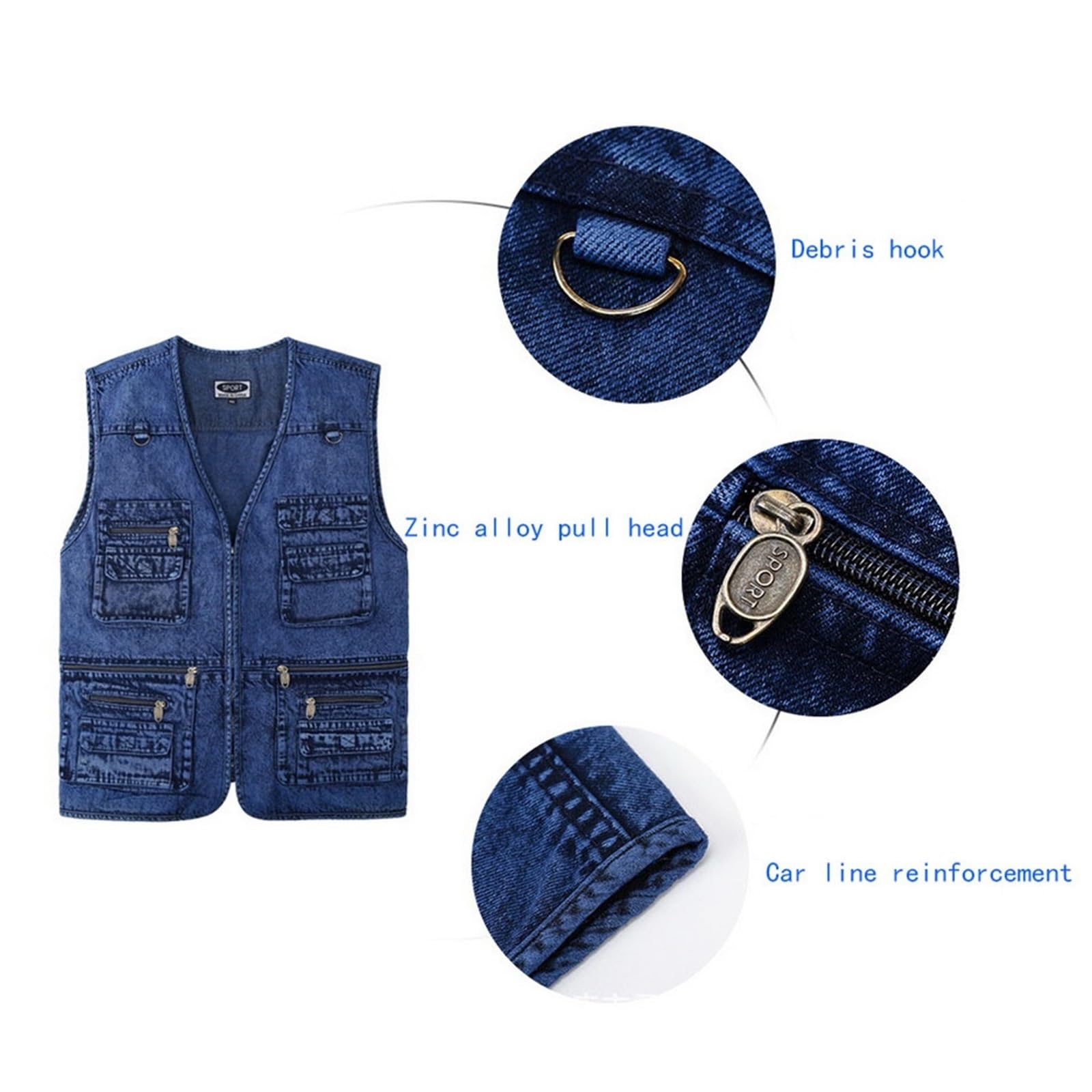 CLSQLXYJZC Gilet Casual Fotografo Uomo, Gilet Retrò Multitasche In Denim Con Cerniera Scollo A V Traspirante Da Pesca, Giacca Da Campeggio Senza Maniche, Per Caccia, Escursionismo, Ciclismo